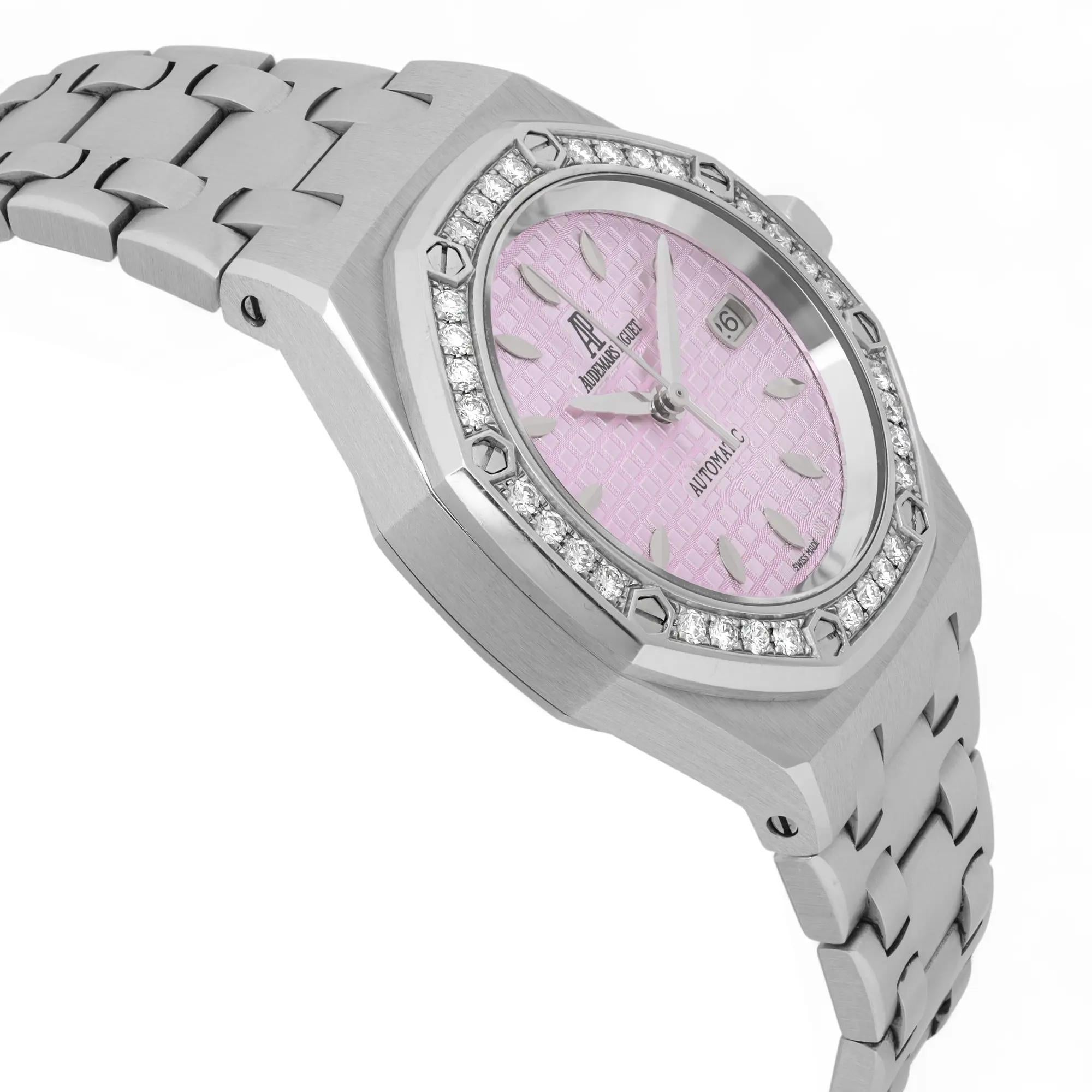 Women's Audemars Piguet Lady Royal Oak 33mm Steel Pink Dial Diamond Bezel Watch 77321ST For Sale