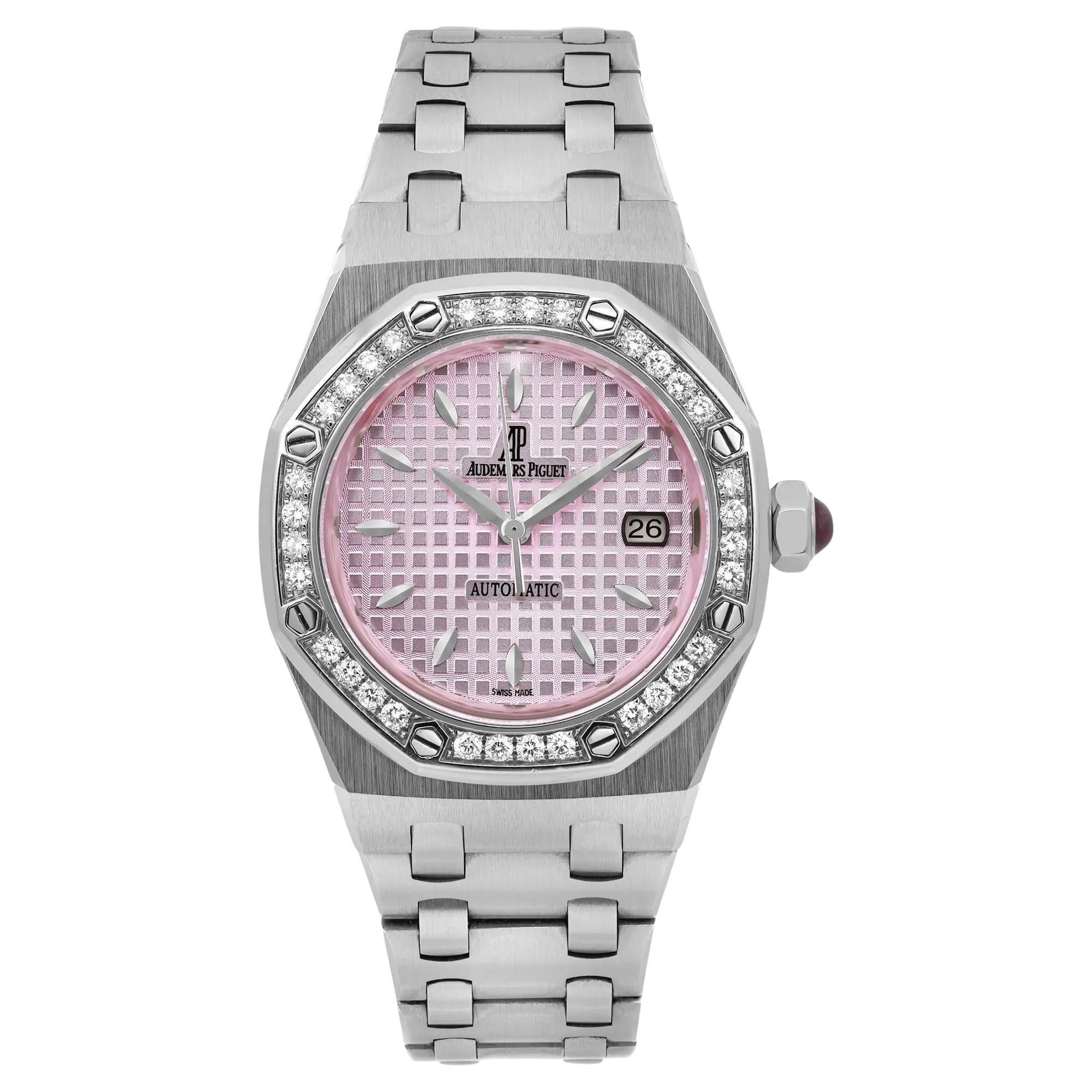 Audemars Piguet Lady Royal Oak 33mm Steel Pink Dial Diamond Bezel Watch 77321ST