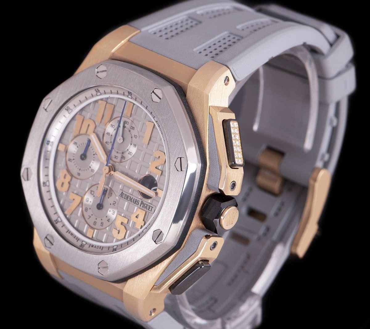 A much sought after limited edition rose gold royal aak offshore LeBron James, this one of a kind designed in collaboration with LeBron features a grey dial with a 