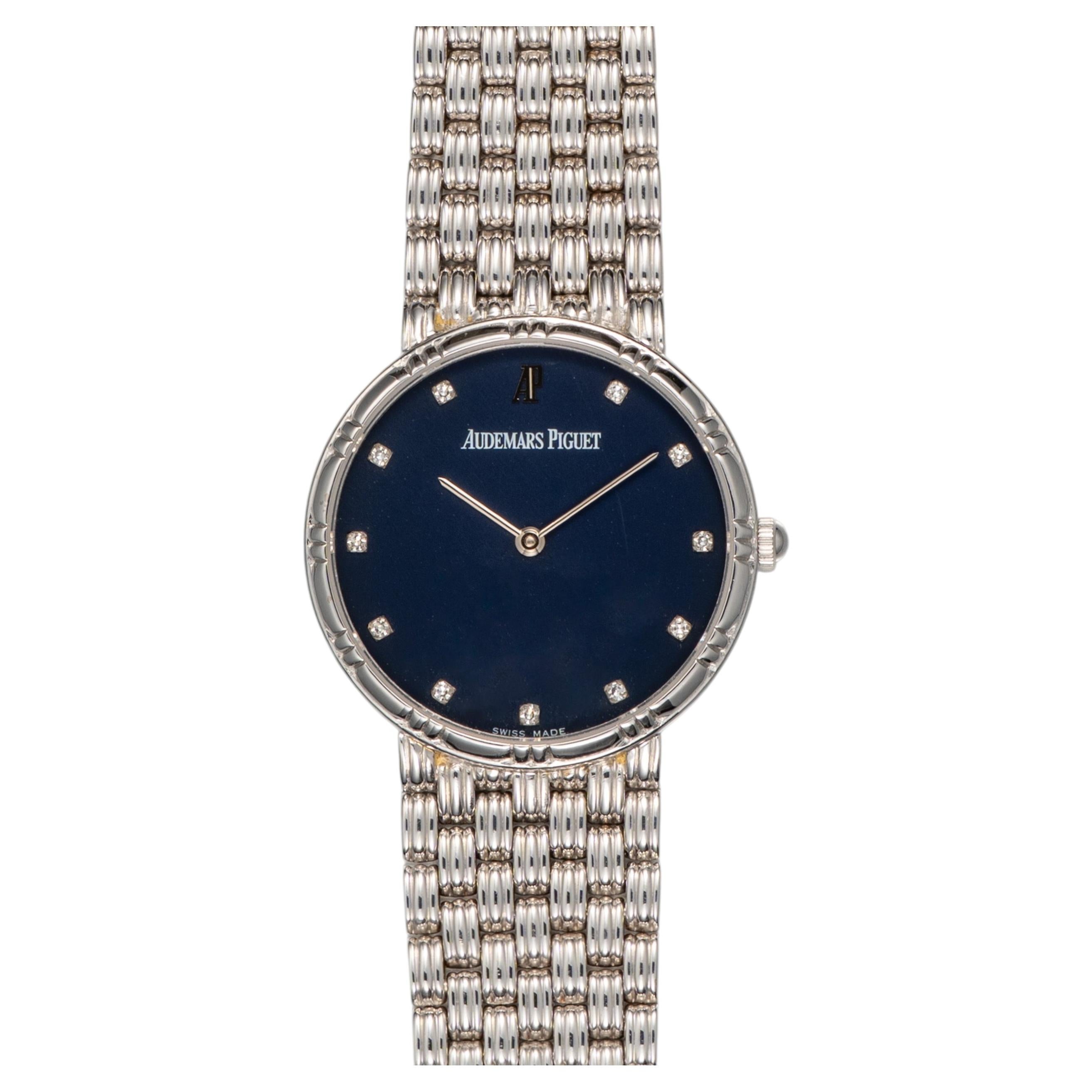 Audemars Piguet Matte Blue Dial Woven Bracelet 18k WG Quartz 1980s For Sale