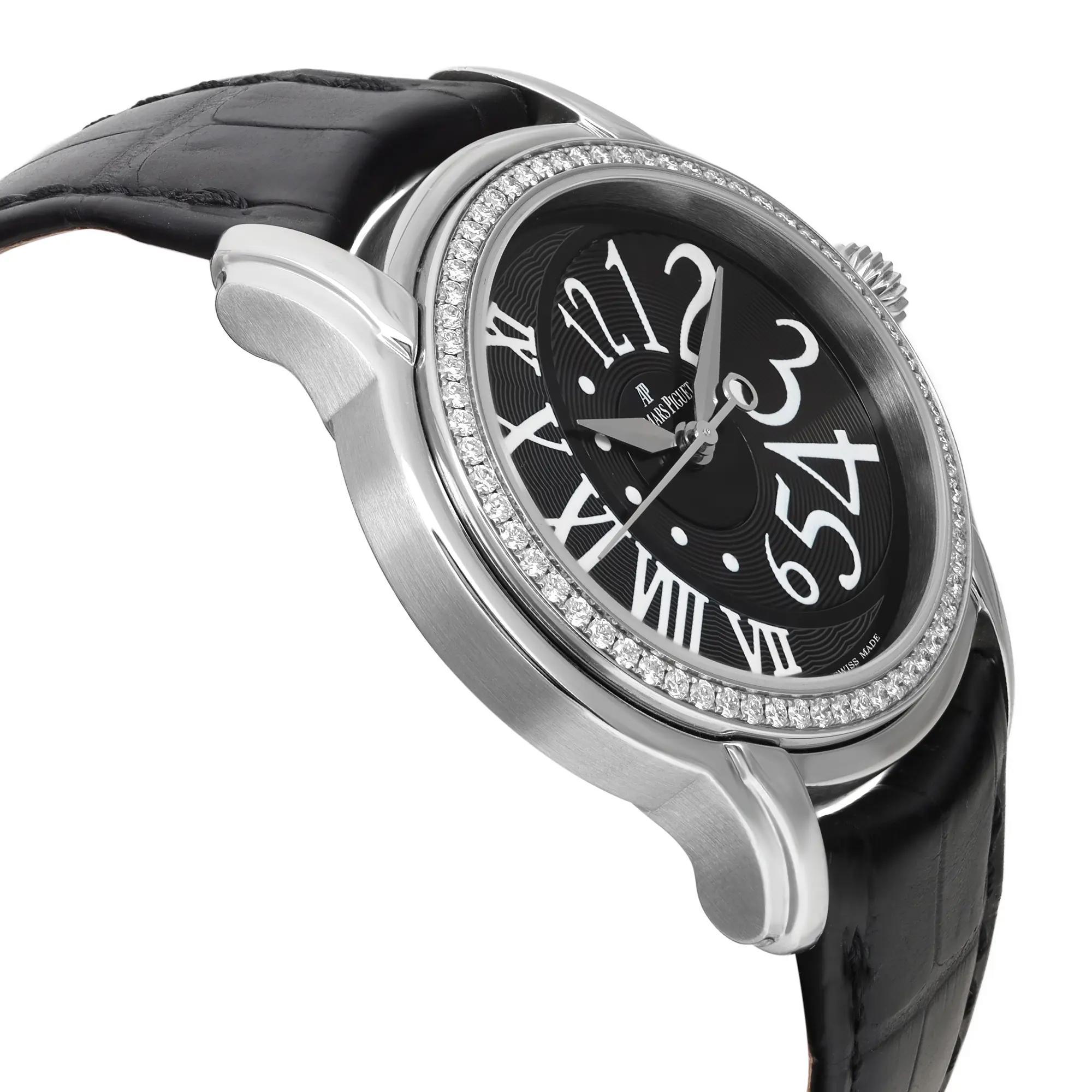 Round Cut Audemars Piguet Millenary 39mm Steel Diamond Black Dial Ladies Watch 77301ST For Sale