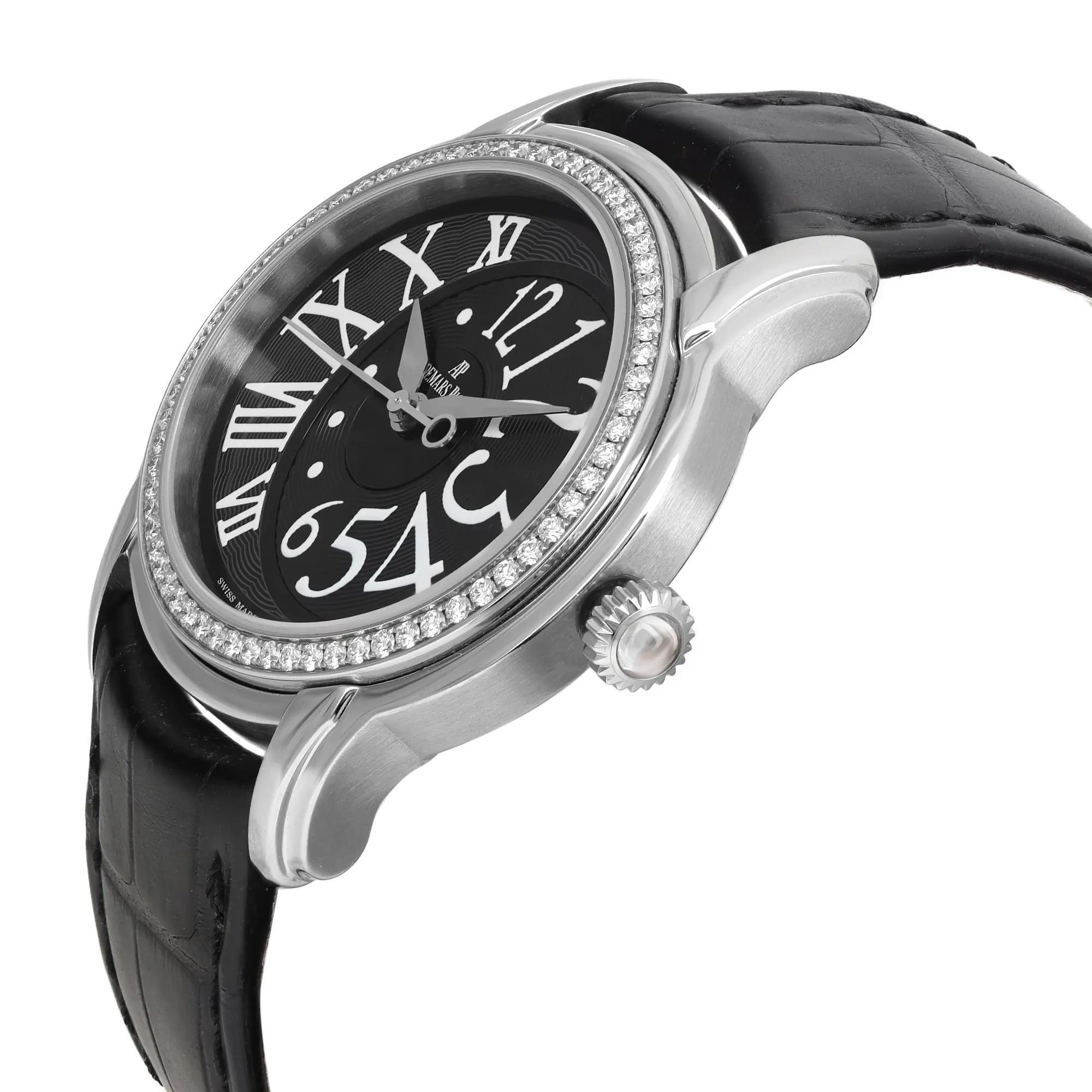 Audemars Piguet Millenary 39mm Steel Diamond Black Dial Ladies Watch 77301ST In Excellent Condition For Sale In New York, NY