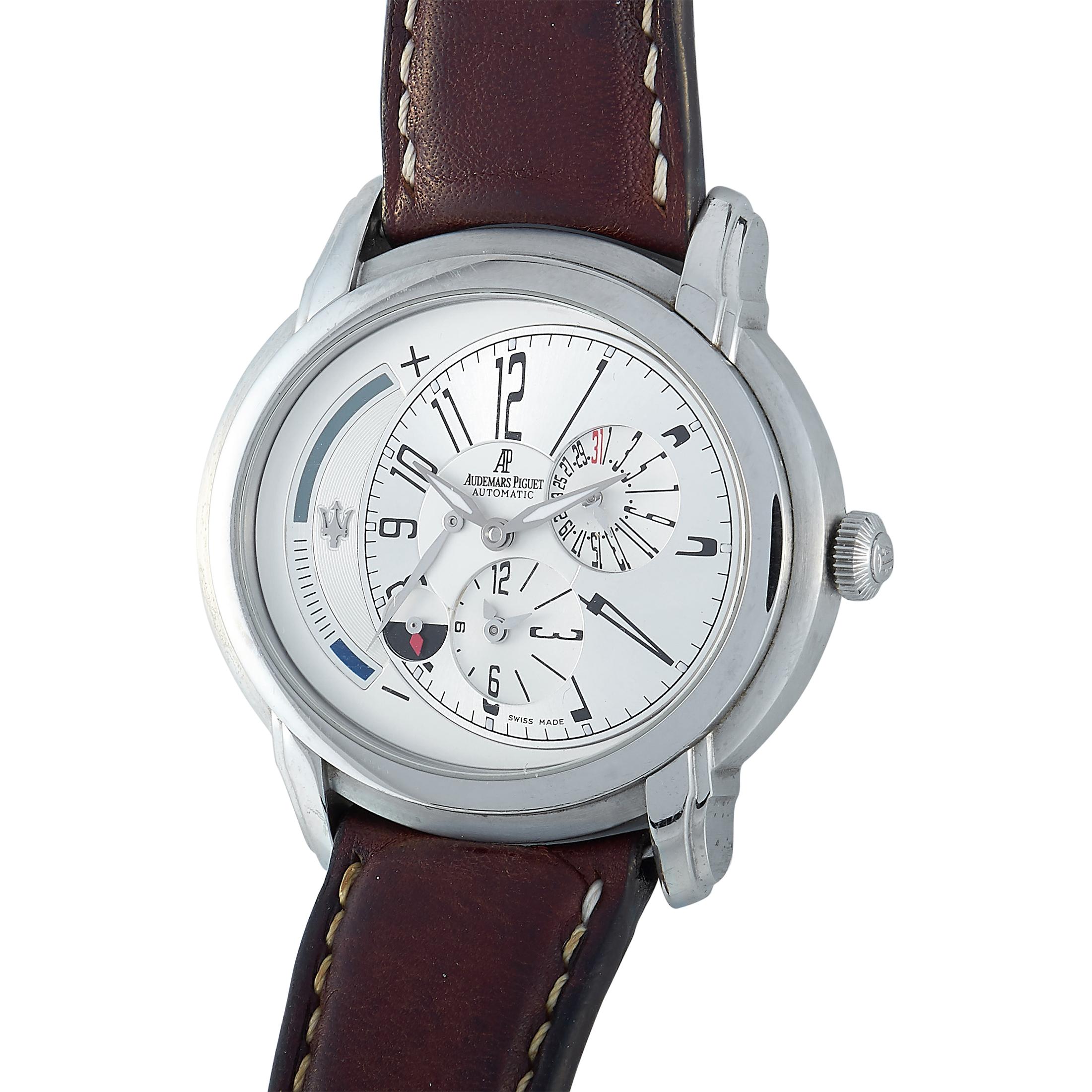 The Audemars Piguet Millenary Dual Time Maserati Anniversary, reference number 26150ST.OO.D084CU.01, was made in celebration of the 90th anniversary of the Italian luxury vehicle manufacturer Maserati. It is presented within the exceptional