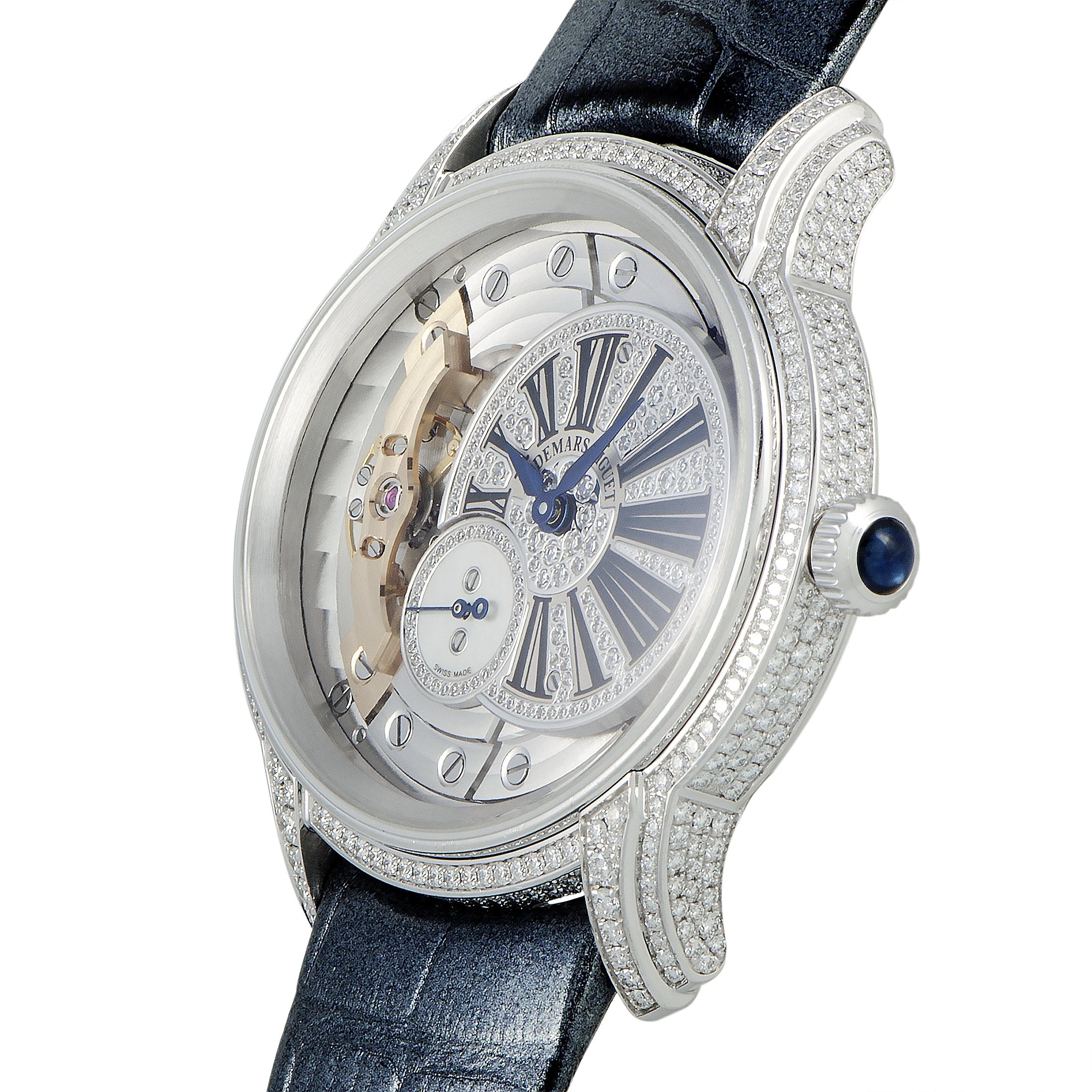 The Audemars Piguet Millenary Hand-Wound, reference number 77248BC.ZZ.A111CR.01, is presented within the sublime “Millenary” collection.

The watch comes with a diamond-set 18K white gold case that boasts transparent sapphire crystal back and