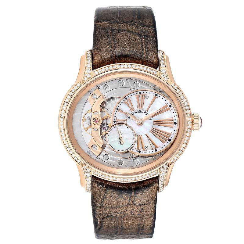 Audemars Piguet Millenary Rose Gold MOP Diamond Ladies Watch 77247OR. Manual-winding movement. 18K rose gold oval case 39.5 mm. Case thickness 9.8mm. Skeleton transparent exhibition sapphire crystal case back. Diamond lugs. The crown set with pink