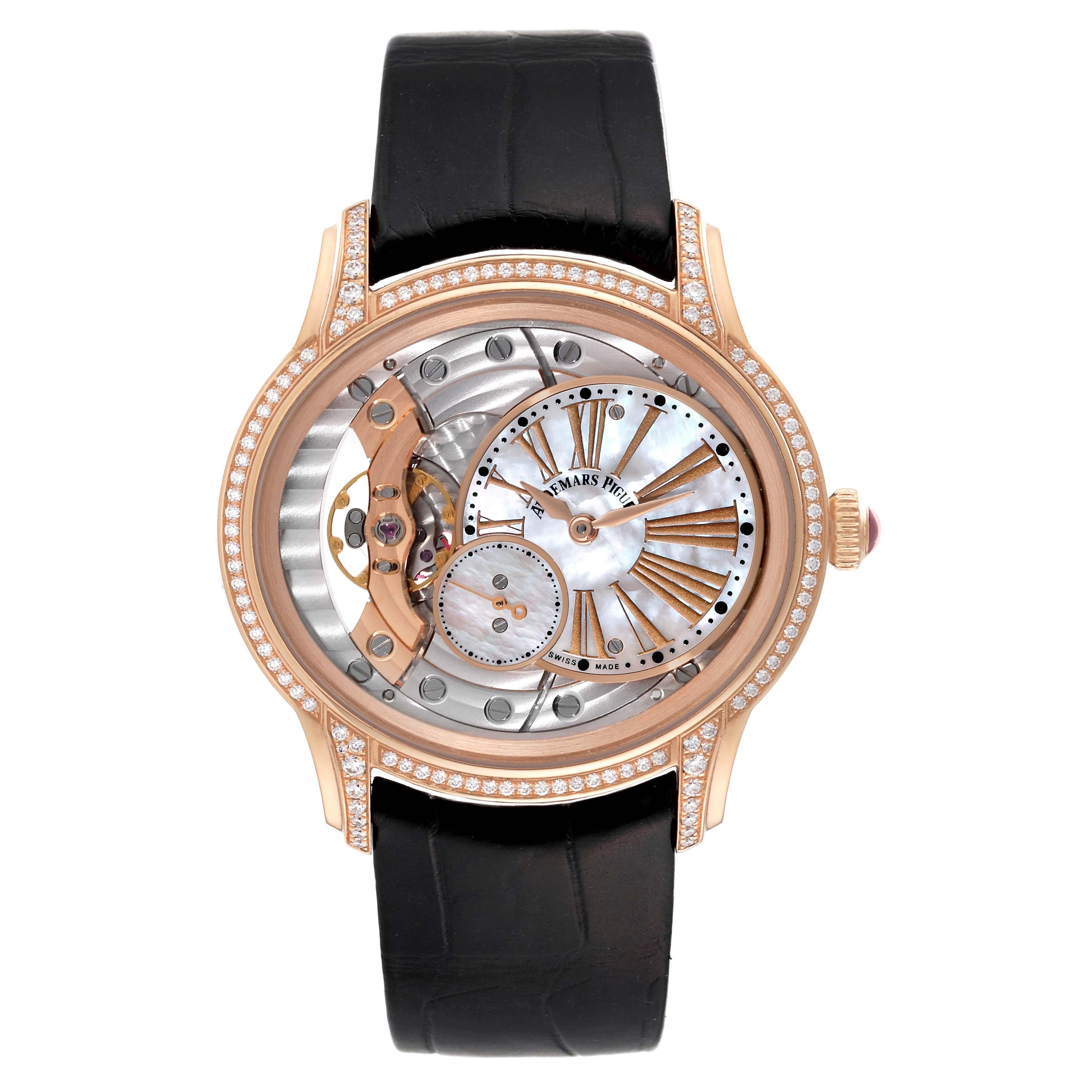 Audemars Piguet Millenary Rose Gold Mother of Pearl Diamond Ladies Watch 77247OR. Manual-winding movement. 18k rose gold oval case 39.5 mm. Case thickness 9.8mm. Transparent exhibition sapphire crystal case back. Original Audemars Piguet factory