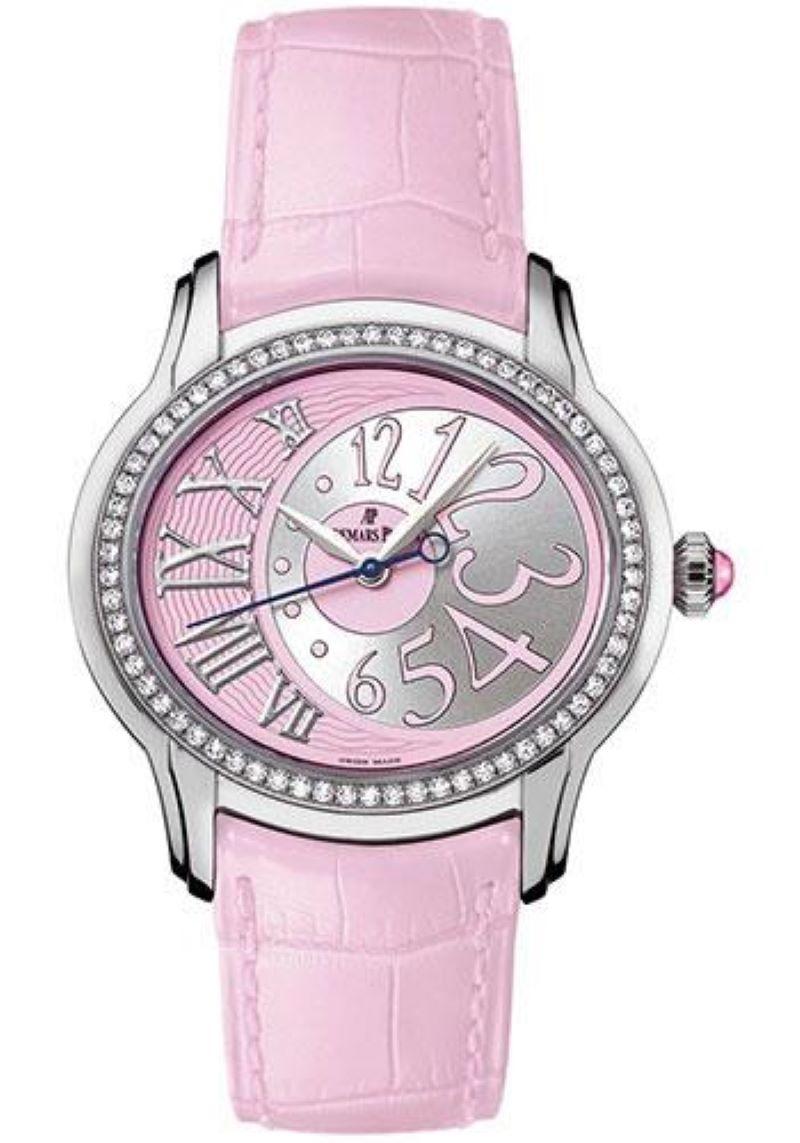 39.5mm stainless steel case, 35.5mm thick, stamped back, stainless steel bezel set with 66 diamonds (.62 carats), pink dial, self-winding movement with hours, minute, center seconds, pink strap, AP folding buckle. Water resistant to 20 meters.