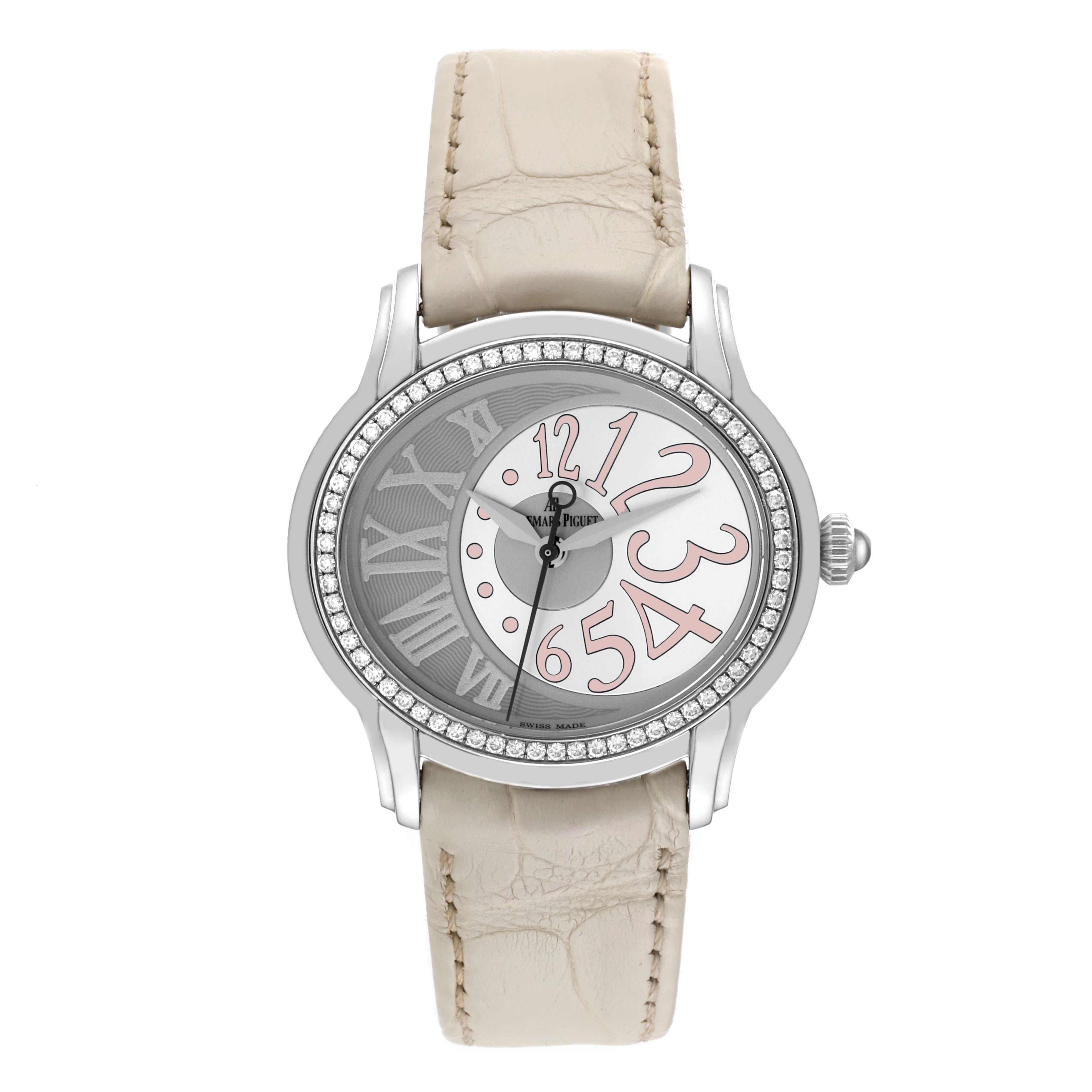 Audemars Piguet Millenary Steel Diamond Ladies Watch 77301ST. Automatic self-winding movement. Stainless steel oval case 39.5mm X 35.5mm. Case thickness 8.1 mm. The crown set with clear stone cabochon. Original Audemars Piguet diamond bezel set with