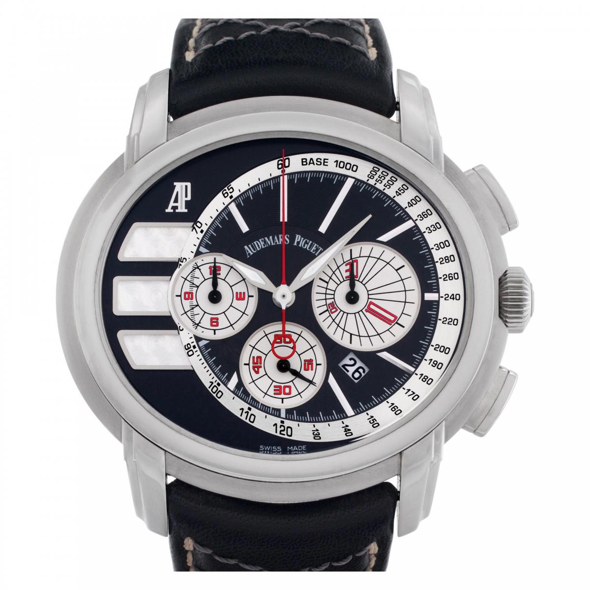 AUDEMARS PIGUET MILLENARY TOUR CHRONO WATCH 26142ST.OO.D001VE.01
*LIMITED EDITION. 150 PIECES WORLDWIDE. BOX INCLUDED, NO PAPERS.

Condition: Mint 
Case size: 46.5 x 42mm
Movement: Automatic
Case material: Stainless Steel
Case shape: Oval
Dial: