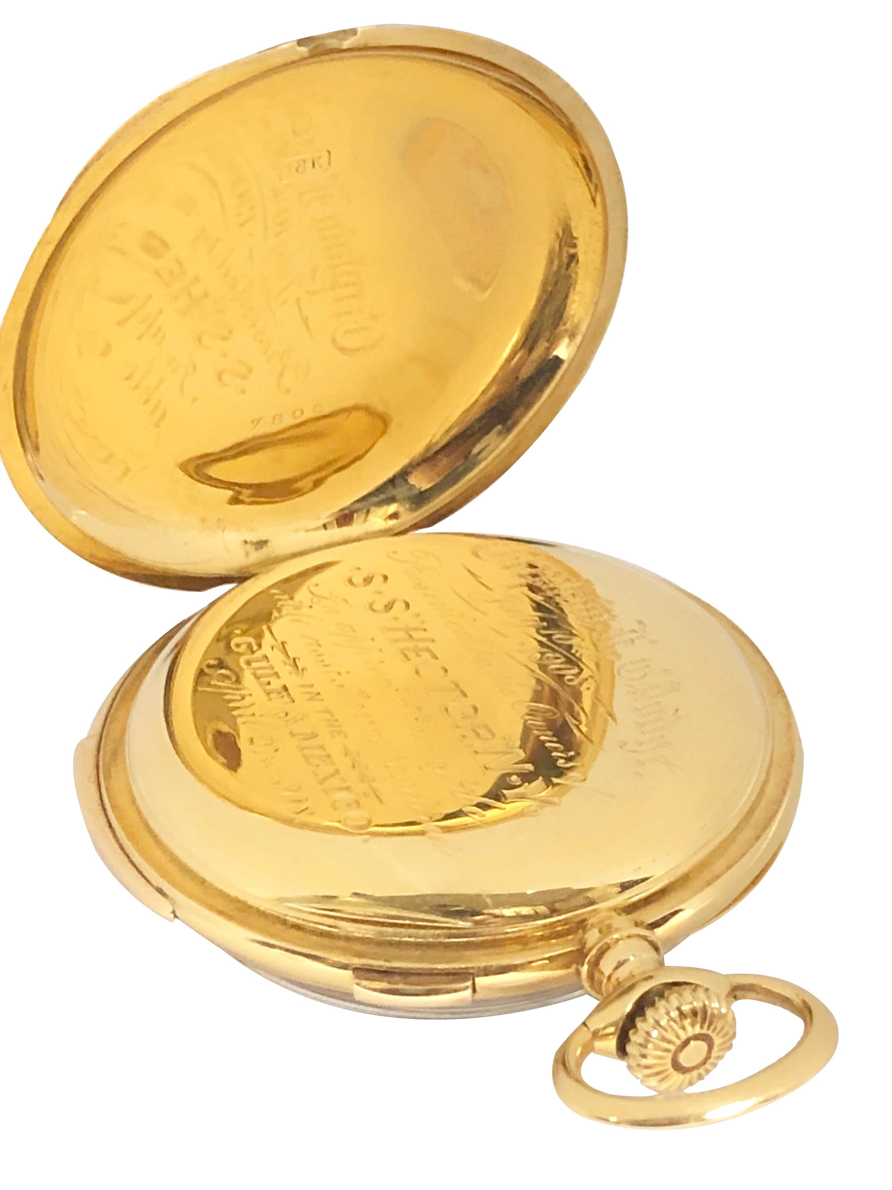 Circa 1908 Audemars Piguet Pocket Watch, 46 M.M. 18K Yellow Gold case with with inside dust cover having an engraved presentation From the owners of the Ship S.S Hector to Captain Dodge for his assistance while at Sea in 1908. A beautiful Jeweled