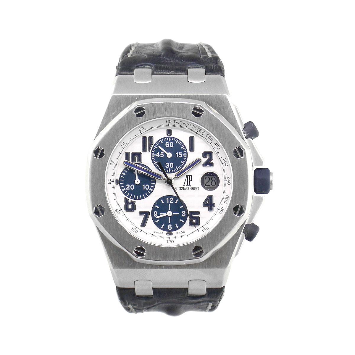 Brand: Audemars Piguet
Model: Royal Oak Offshore
Case Material: Stainless Steel
Case Diameter: 42mm
Crystal: Sapphire
Bezel: stainless steel bezel
Dial: White Méga Tapisserie Chronograph Dial with blue sub dials. Date can be found at 3