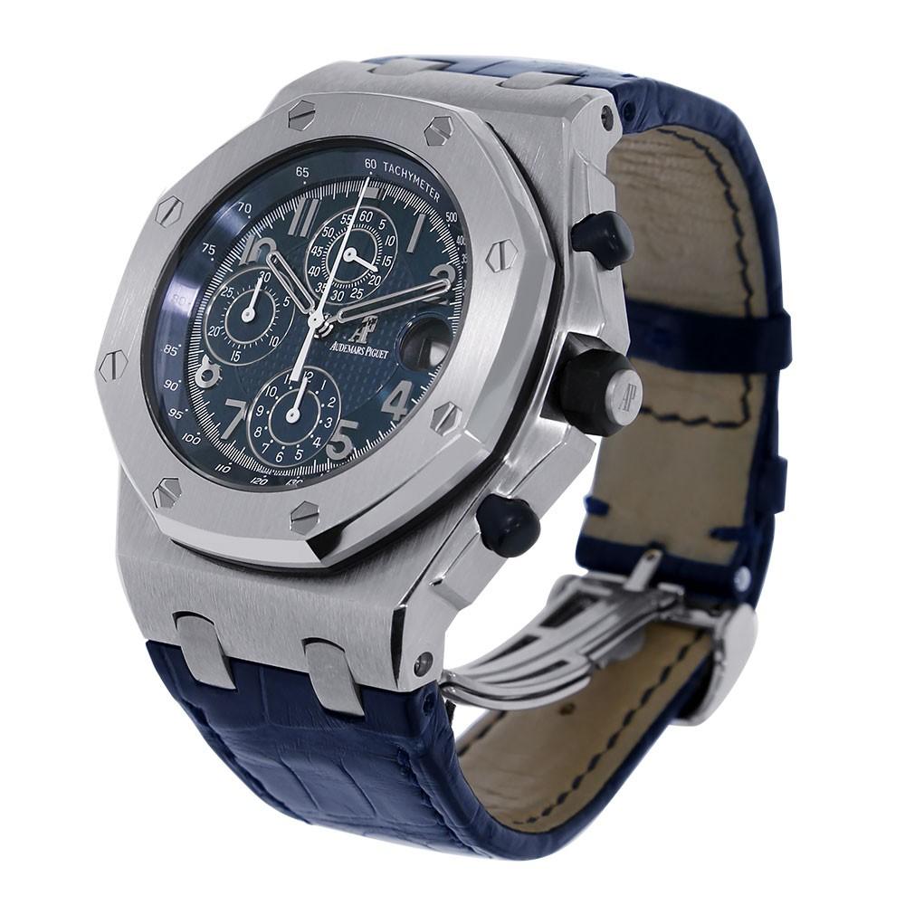 Audemars Piguet Royal Oak Offshore Reference #:26061BC.OO.D028CR.01. 42mm case white gold case, navy blue dial with Arabic numeral hour markers. 18k white gold bezel with screws. Crocodile leather strap with 18k white gold deploy buckle. Automatic