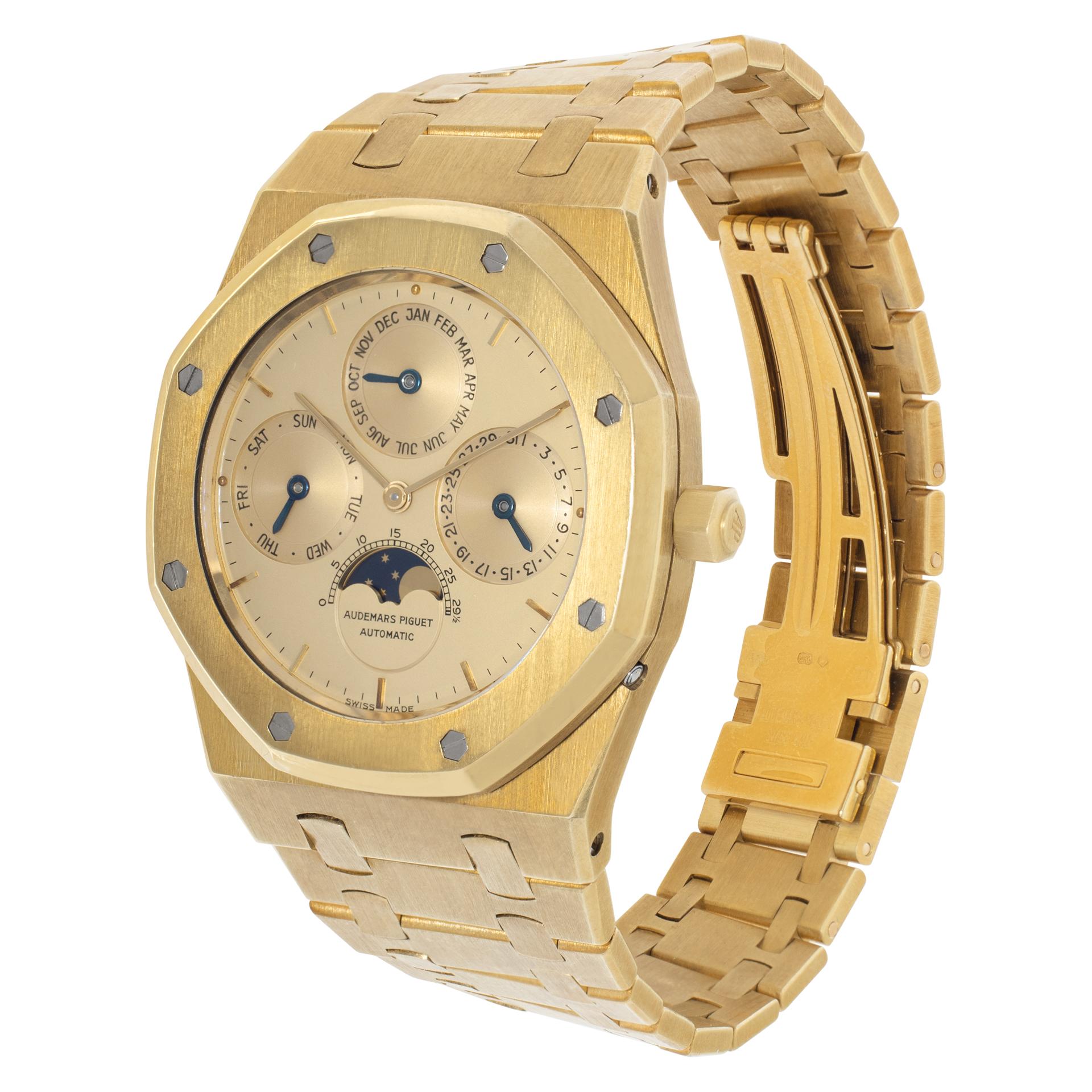 Audemars Piguet Royal Oak Perpetual Calendar in 18k yellow gold. Auto w/ date, day, month and moonphase. 39 mm case size. Ref 25654BA.00.0944BA.01. Recently serviced by AP Switzerland, comes with service box and copy of service papers. Circa