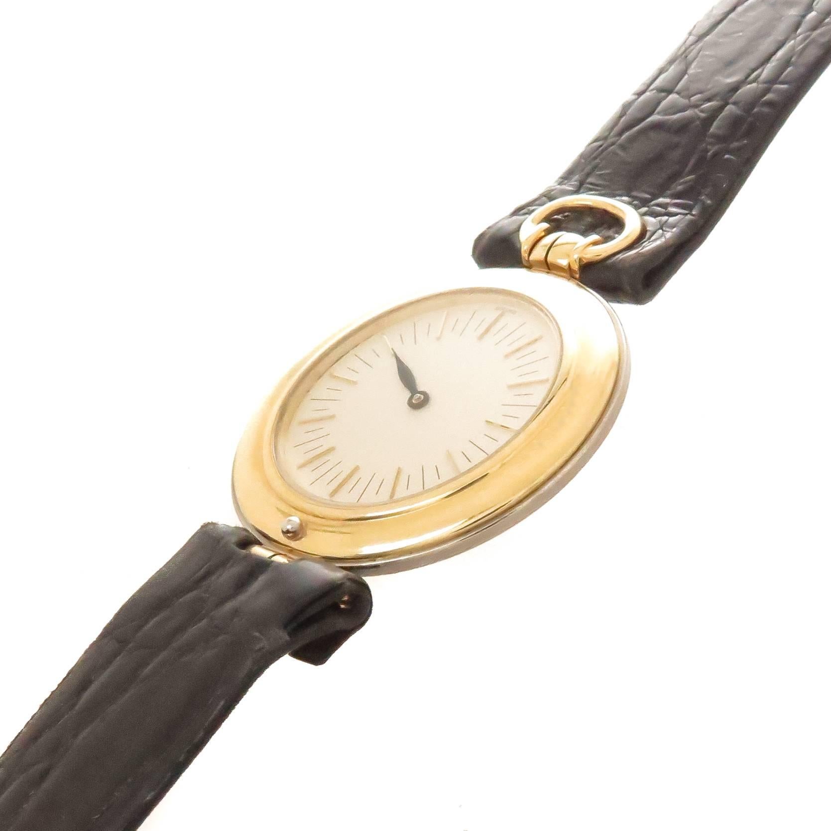 Circa 1980s unusual one hand Audemars Piguet Philosophique wrist watch. 26.5mm 18K Yellow Gold case that features a crown that is counter sunk to be flush with case back and hidden from view, but easy to operate. The movement and dial also rotate
