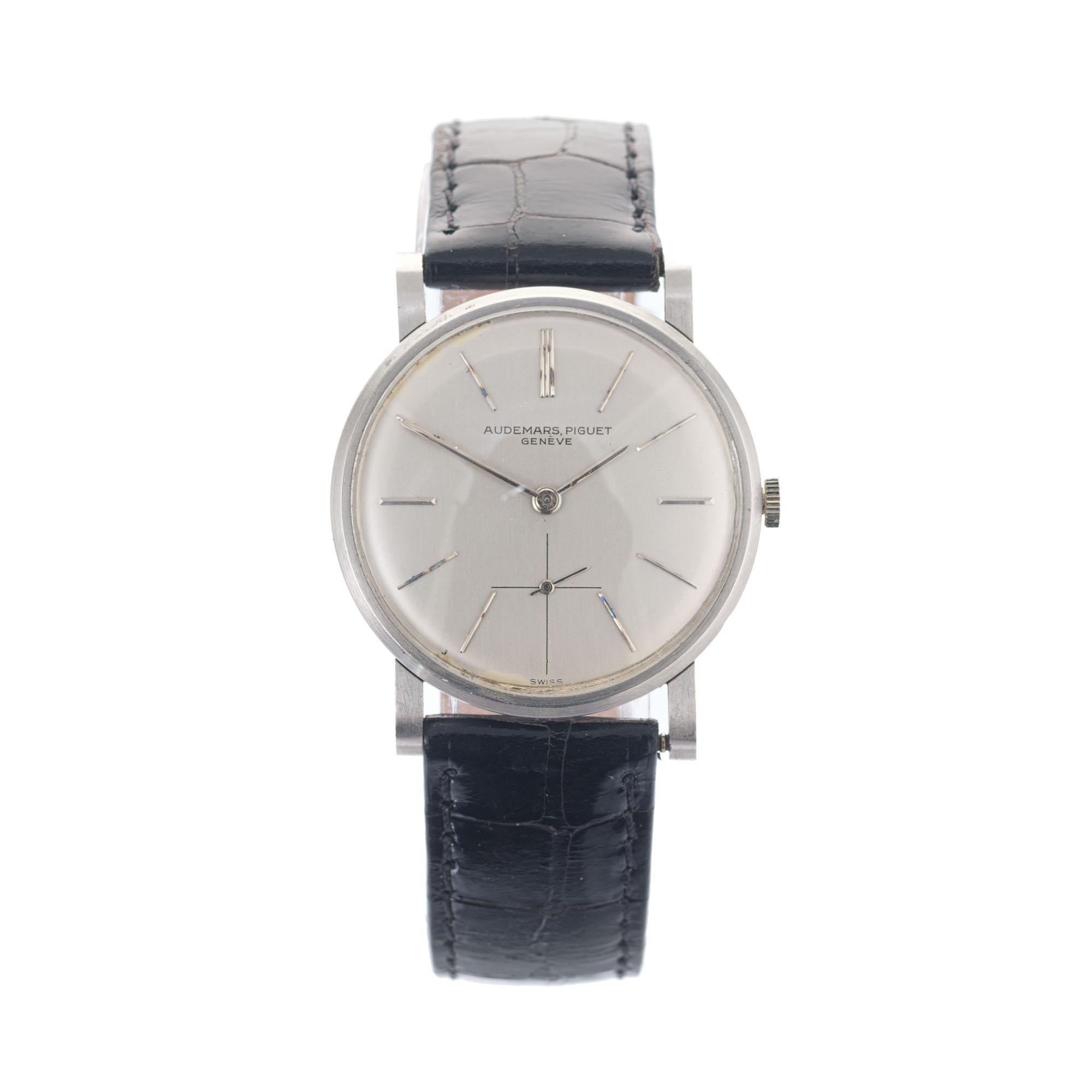 From the Estate of son writer Neil Levenson Classic simple Audemars Piguet 18 jewel manual wind 1960’s watch. Documentation enclosed. Engraved from Neil to his Dad. Authenticated in Provence paperwork. Called by some the Calatrava model of the