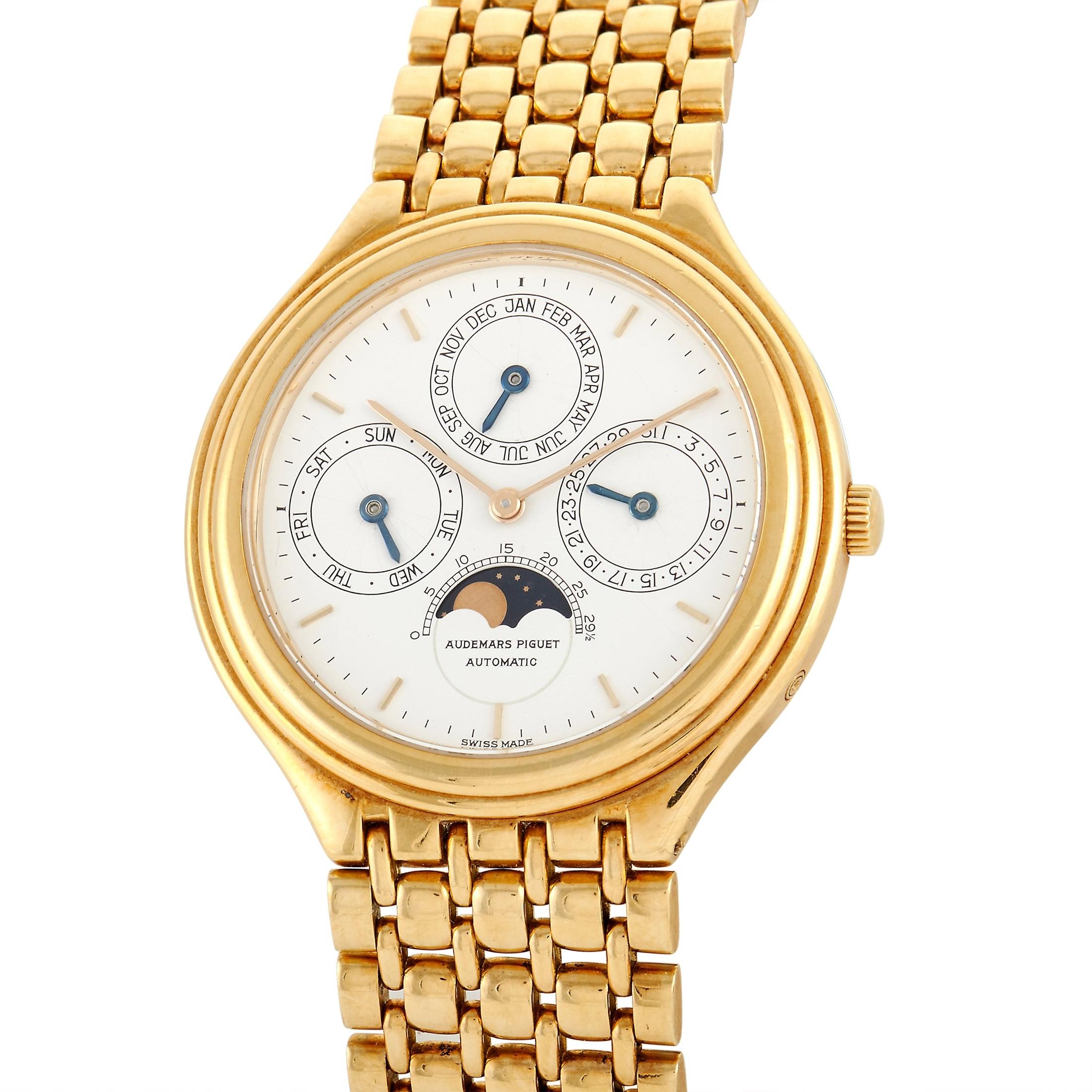 The Audemars Piguet Quantieme Perpetual Calendar Watch, reference number 15809, is a functional luxury timepiece that will never let you down. 

Sleek and stylish, it features a bracelet and 36mm case crafted from opulent 18K yellow gold. On the