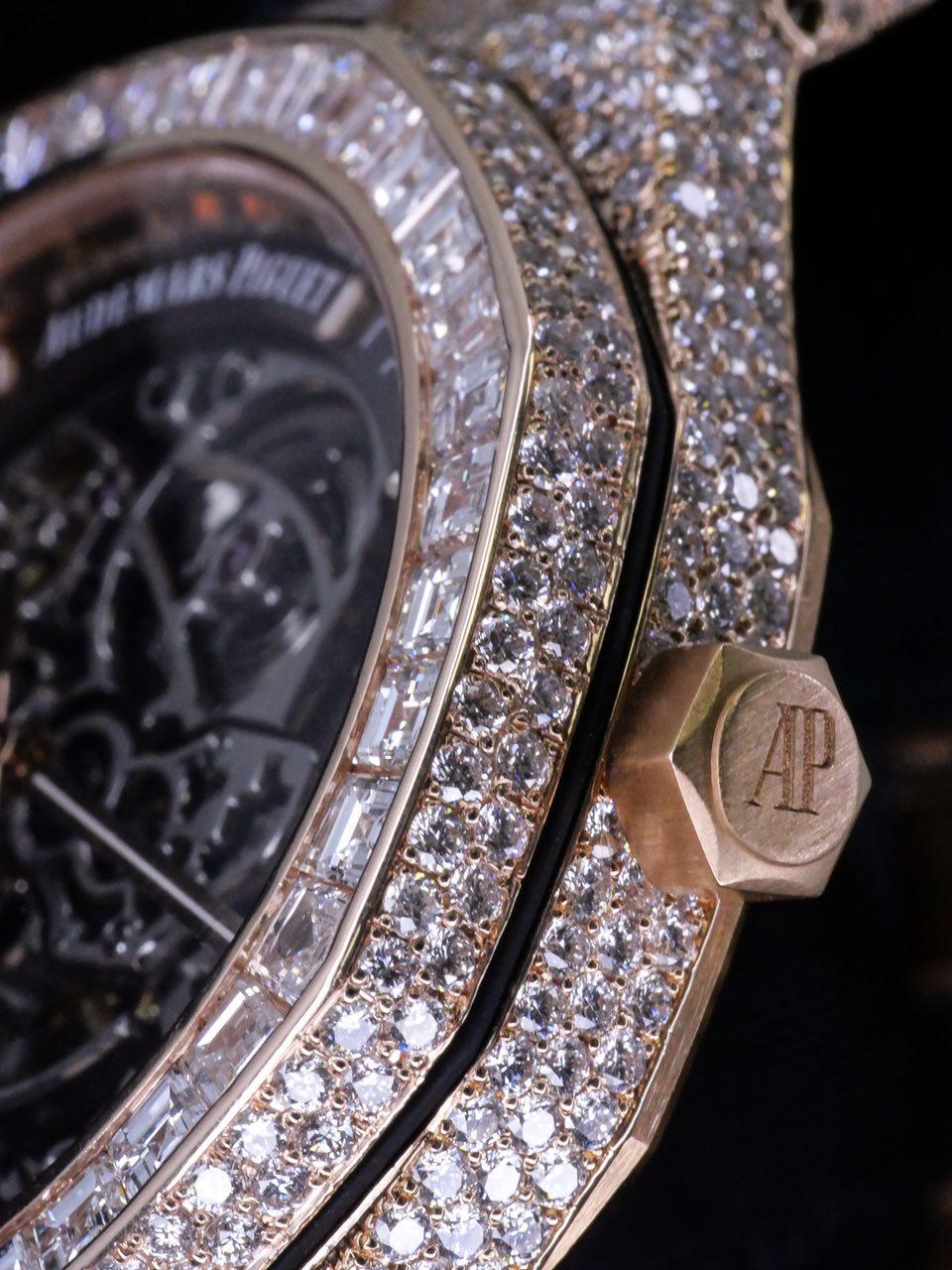 Audemars Piguet Rose Gold Diamond Royal Oak Skeleton Openworked Wristwatch For Sale 3