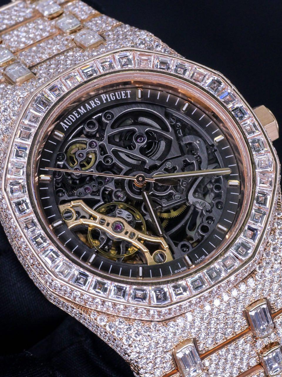 Audemars Piguet Rose Gold Diamond Royal Oak Skeleton Openworked Wristwatch For Sale 4