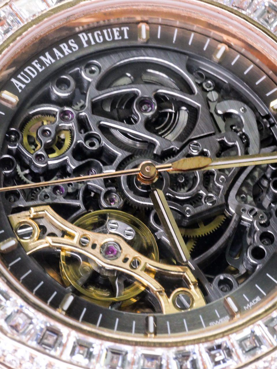 Audemars Piguet Rose Gold Diamond Royal Oak Skeleton Openworked Wristwatch For Sale 6