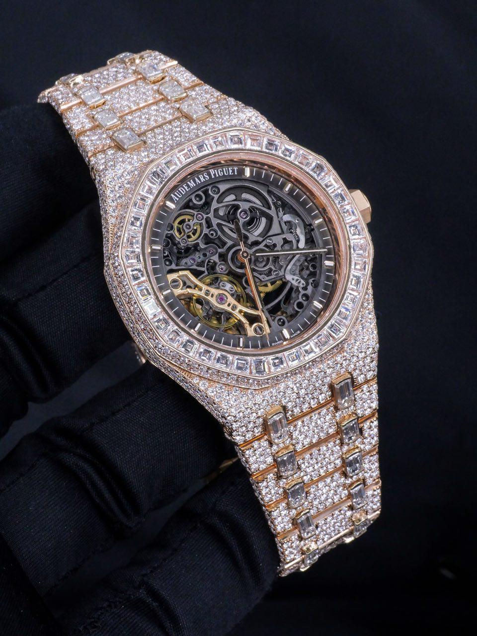 Audemars Piguet Rose Gold Diamond Royal Oak Skeleton Openworked Wristwatch For Sale 7