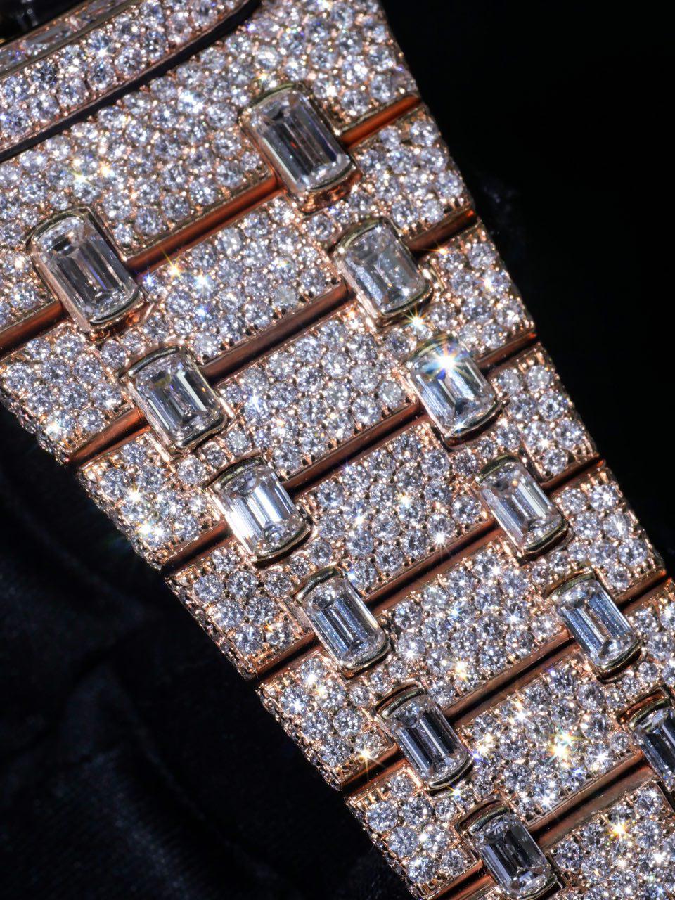 Women's or Men's Audemars Piguet Rose Gold Diamond Royal Oak Skeleton Openworked Wristwatch For Sale