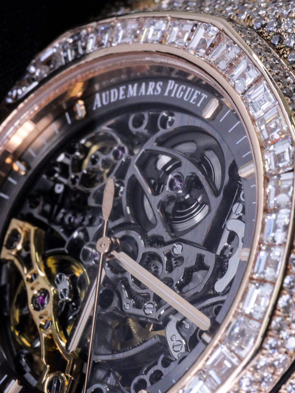 Audemars Piguet Rose Gold Diamond Royal Oak Skeleton Openworked Wristwatch For Sale 1