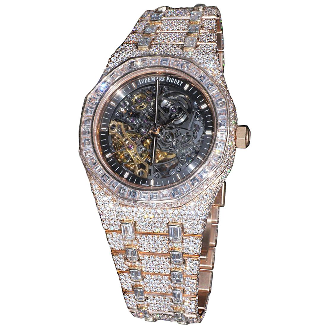 Audemars Piguet Rose Gold Diamond Royal Oak Skeleton Openworked Wristwatch  For Sale at 1stDibs