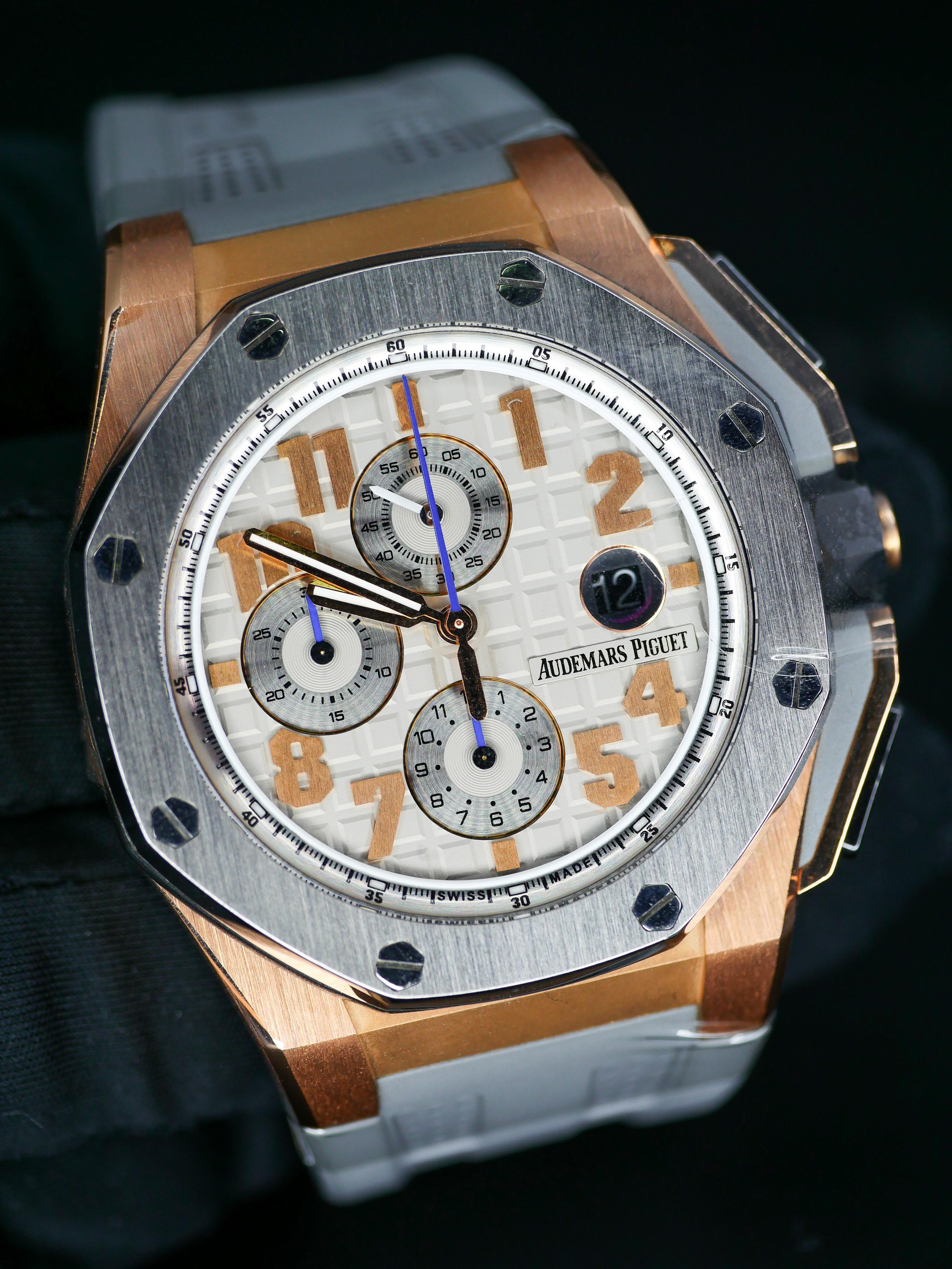Audemars Piguet Royal Oak Offshore LeBron James limited edition 44MM

The watch is still instantly recognizable as a Royal Oak Offshore, with its famous octagonal case and “mega-tapisserie” patterned dial. The case is in 18k rose gold and also