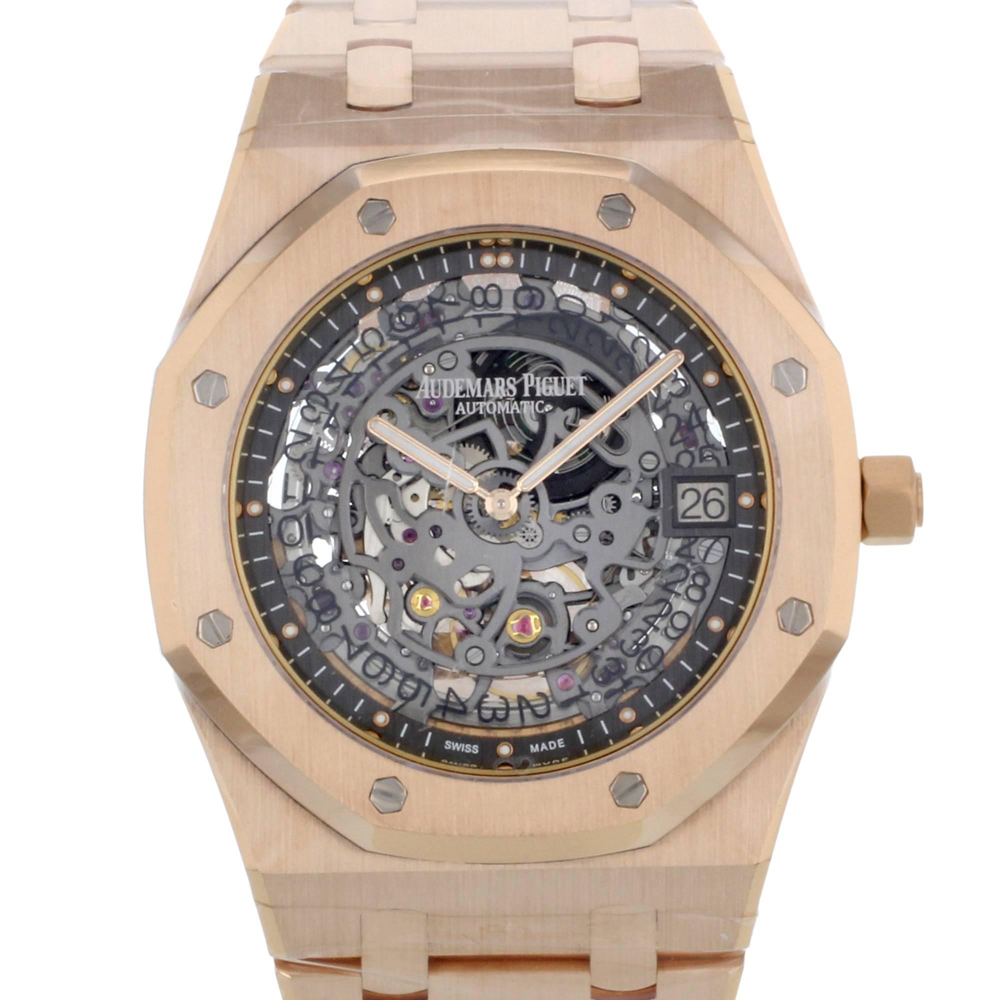 This brand new Audemars Piguet Royal Oak Openworked Extra-Thin  15204OR.OO.1240OR.01 is a beautiful men's timepiece that is powered by an automatic movement which is cased in a rose gold case. It has a octagonal shape face, date dial and has hand