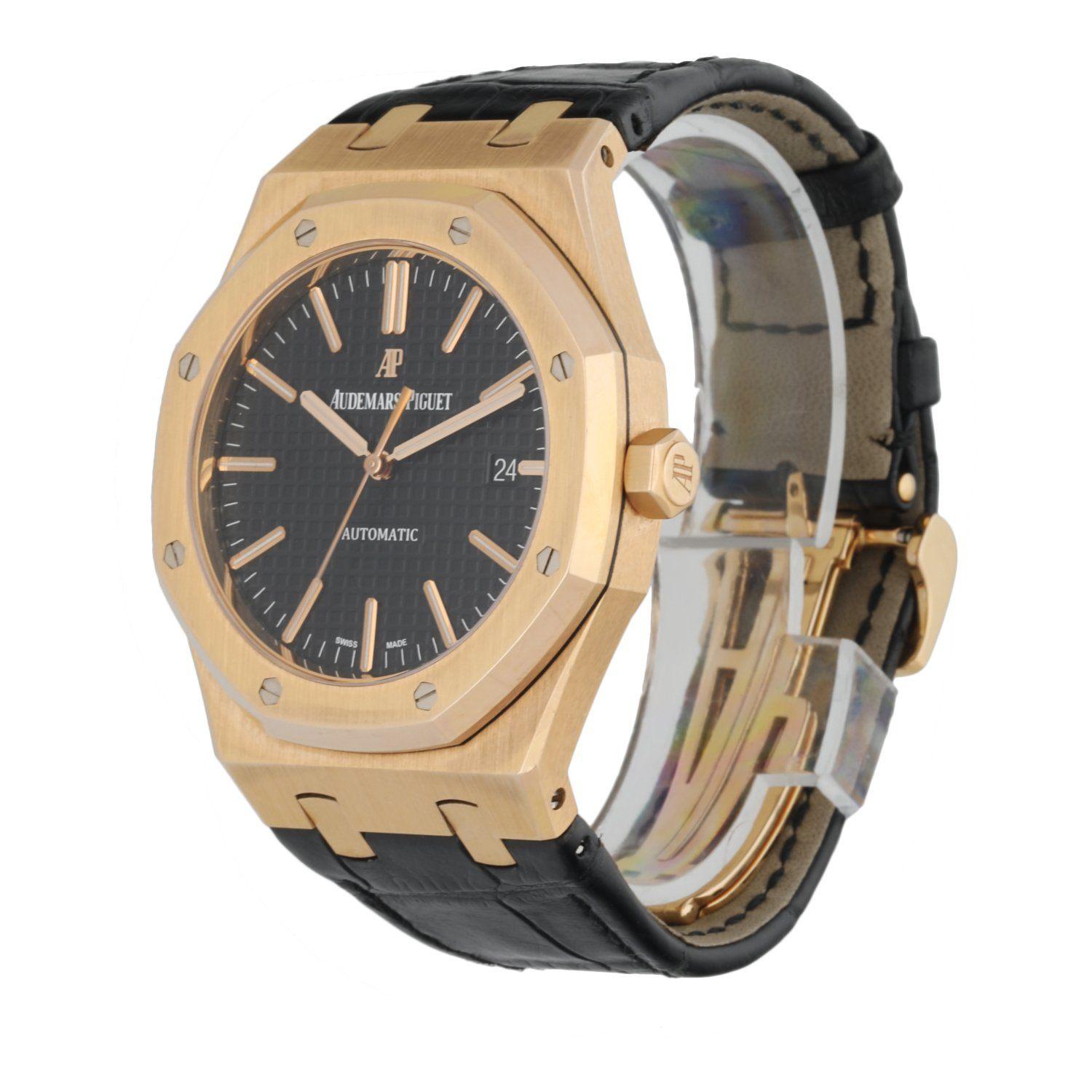Audemars Piguet Royal Oak 15400OR.OO.D002CR.01 men's watch. 41mm 18k rose Gold case and 18K rose gold octagon shaped fixed bezel. Black tapisserie pattern dial with rose gold-tone luminous hands and luminous index hour markers. Date display at 3