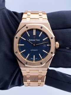 Audemars Piguet Royal Oak 15400OR Blue Dial 18K Rose Gold Mens Watch Box Papers