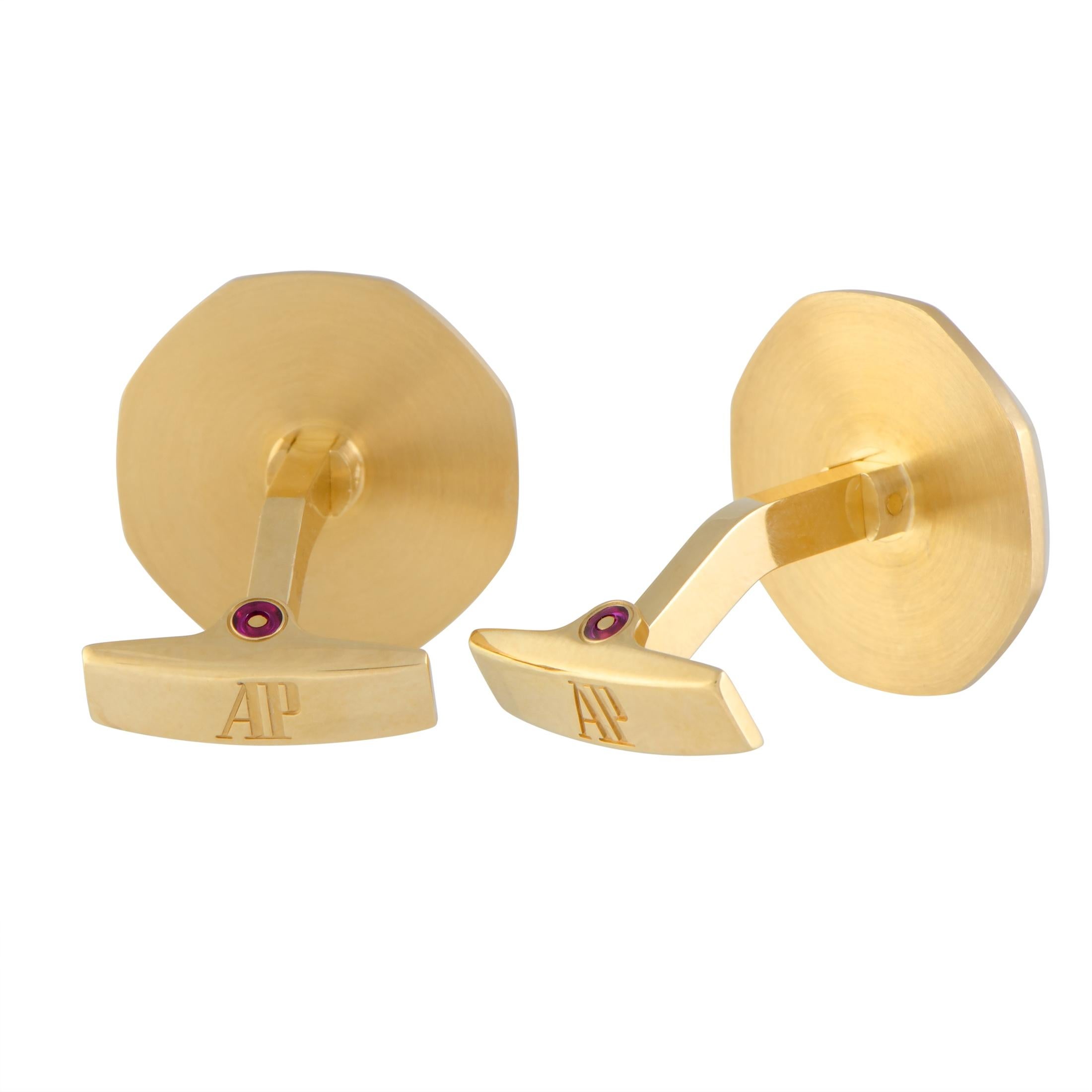 Compellingly luxurious and boasting exceptional craftsmanship quality, these superb cufflinks offer an attractive look of prestigious excellence and classy elegance. The cufflinks are splendidly designed by Audemars Piguet, and the pair is