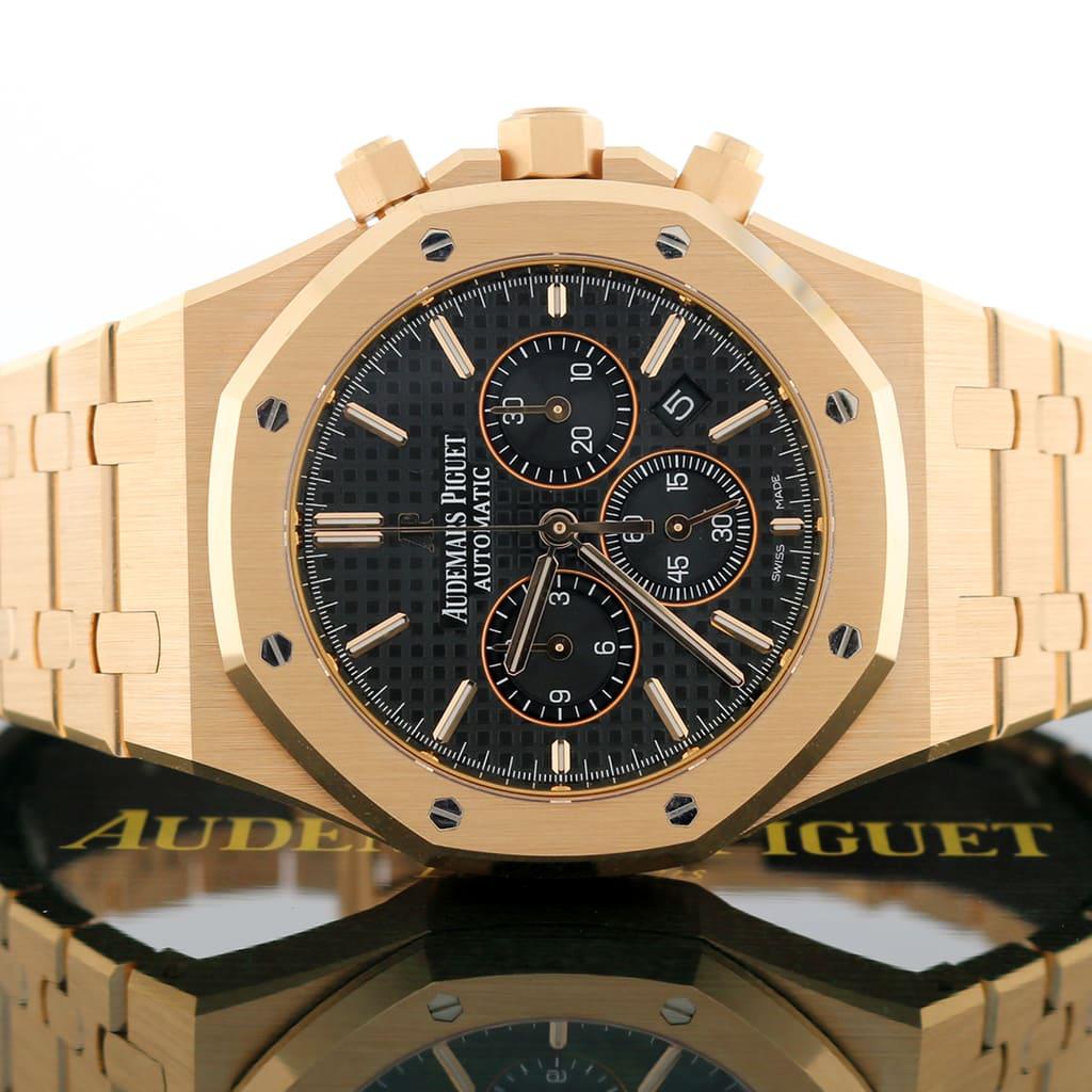 Audemars Piguet Royal Oak 18 Karat Gold Black Dial Chronograph Automatic Watch In Excellent Condition For Sale In New York, NY