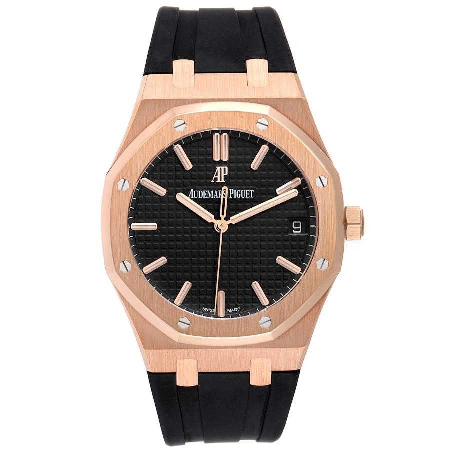 Audemars Piguet Royal Oak 18k Rose Gold Black Dial Watch 15500OR Box Papers. Automatic self-winding movement. 18k rose gold case 39.0 mm in diameter. Exhibition saphhire crystal case back. 18k rose gold bezel punctuated with 8 signature screws.