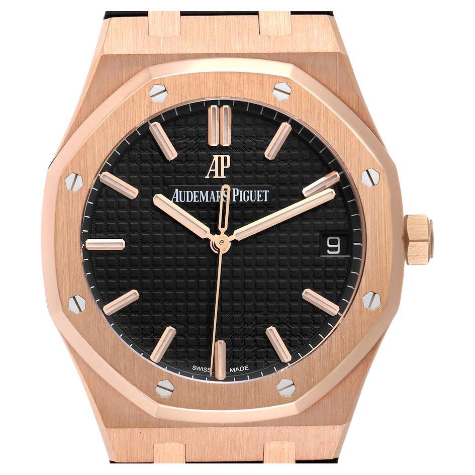 Audemars Piguet Royal Oak 18k Rose Gold Black Dial Watch 15500OR Box Papers For Sale
