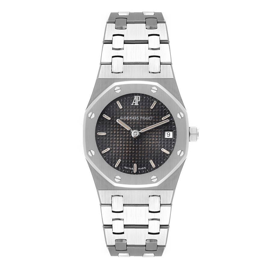 Audemars Piguet Royal Oak 24mm Steel Black Dial Ladies Watch. Quartz movement. Brushed stainless steel case 24.0 mm in diameter. Stainless steel bezel punctuated with 8 signature screws. Scratch resistant sapphire crystal. Black Tapisserie dial with