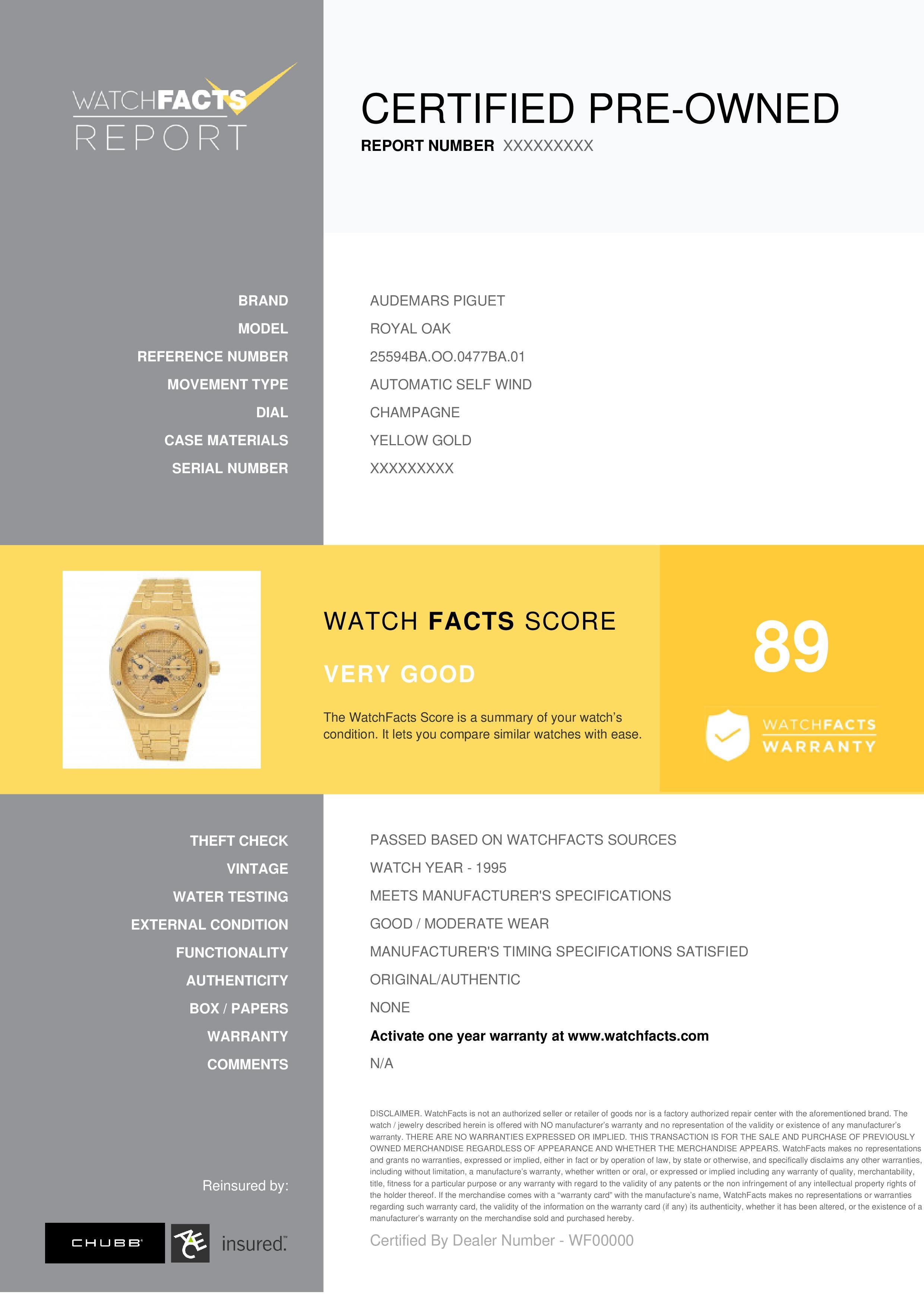 Audemars Piguet Royal Oak Reference #: 25594BA.OO.0477BA.01. Mens Automatic Self Wind Watch Yellow Gold Champagne 36 MM. Verified and Certified by WatchFacts. 1 year warranty offered by WatchFacts.
