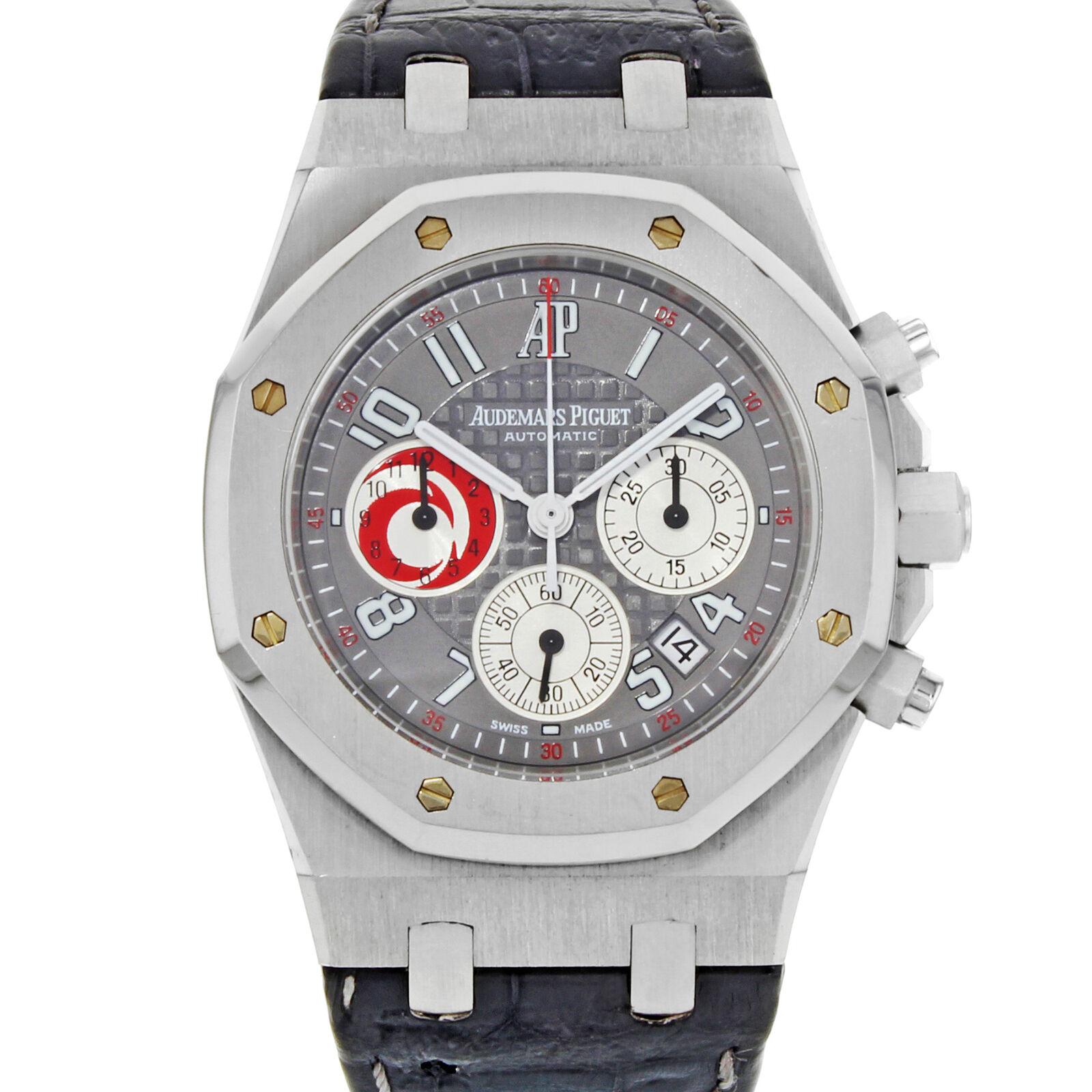 This pre-owned Audemars Piguet Royal Oak 25979ST.O.0002CA.01 is a beautiful men's timepiece that is powered by an automatic movement which is cased in a platinum case. It has a octagonal shape face, chronograph, date, small seconds subdial dial and