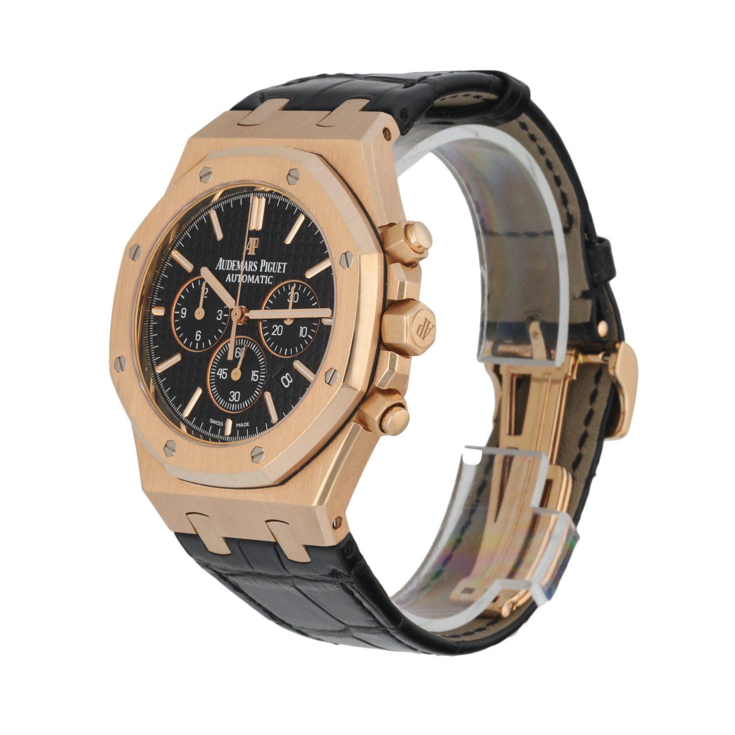 Audemars Piguet Royal Oak 26320OR men's watch. 41MM 18K Rose Gold case with 18K rose gold bezel. Black tapestry dial with luminous rose gold hands and index hour marker.Â Rose gold-rimmed black subdials with a very fine concentric circular engraved