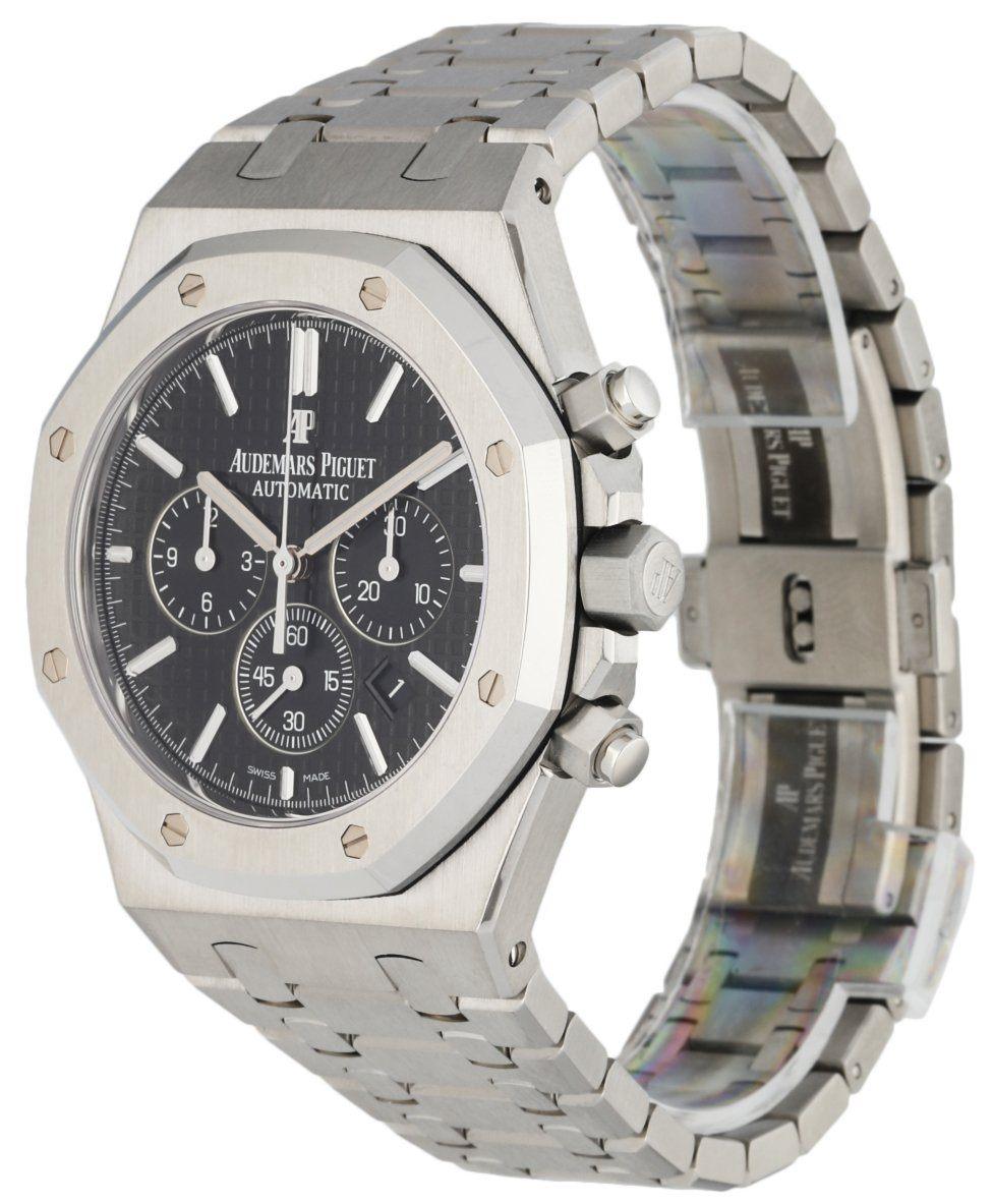 Audemars Piguet 26320ST.OO.1220ST.01 Royal Oak men's watch. 41MM stainless steel case with octagon shape bezel. Black tapestry dial with steel luminous hands and index hour marker. Subdials: small second, minute and 12 hour. Date display between 4 &