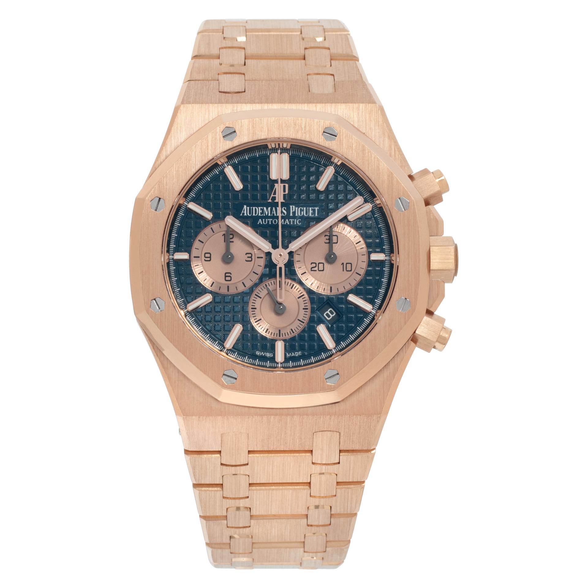 Audemars Piguet Royal Oak Chronograph in 18k rose gold with blue dial with gold colored sub-dials on brown alligator strap with AP 18k rose gold deployant buckle. AP Archive states watch was originally made with leather strap and additonally comes