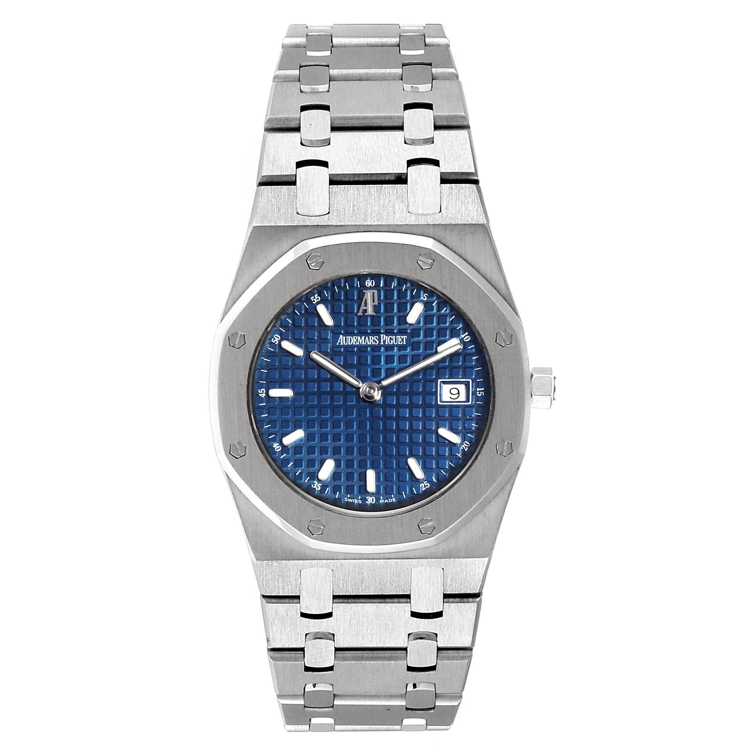 Audemars Piguet Royal Oak 36mm Blue Dial Steel Mens Watch 57175ST. Quartz movement. Stainless steel case 36.0 mm in diameter. Stainless steel bezel punctuated with 8 signature screws. Scratch resistant sapphire crystal. Blue Tapisserie (waffle