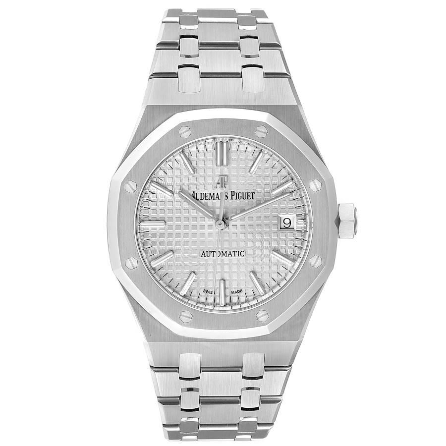 Audemars Piguet Royal Oak 37mm Midsize Steel Mens Watch 15450ST Box Card. Automatic self-winding movement. Brushed with polished bevel edges stainless steel case 37.0 mm in diameter. Case thickness 9.80mm. Exhibition transparent sapphire crystal