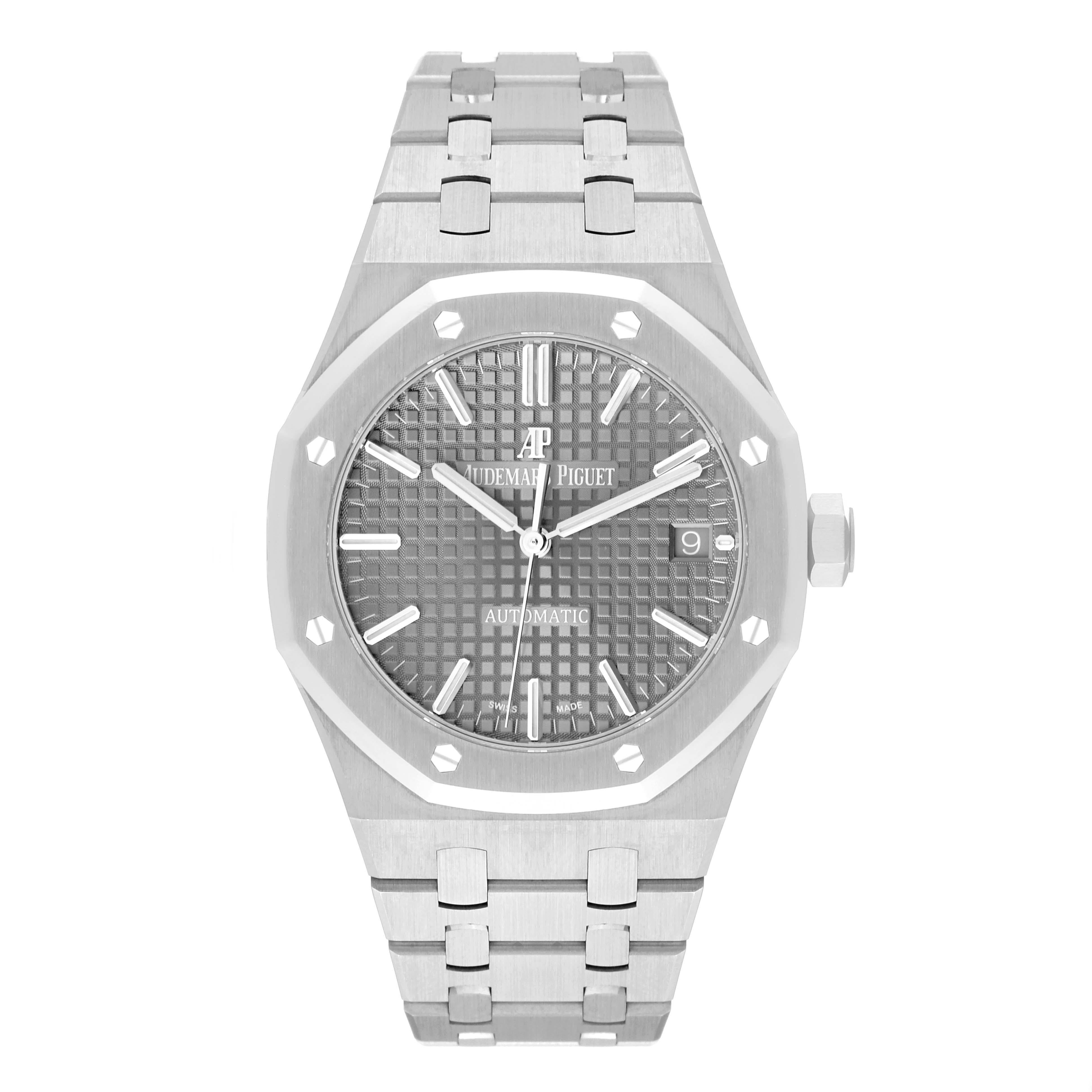 Audemars Piguet Royal Oak 37mm Midsize Steel Mens Watch 15450ST Card. Automatic self-winding movement. Brushed with polished bevel edges stainless steel case 37.0 mm in diameter. Case thickness 9.80mm. Exhibition transparent sapphire crystal