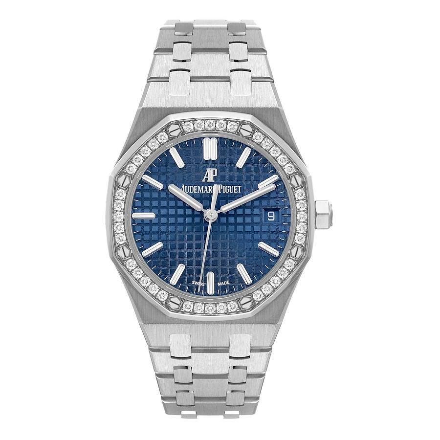 Audemars Piguet Royal Oak 37mm Steel Diamond Mens Watch 15451ST Box Card. Automatic self-winding movement. Brushed with polished bevel edges stainless steel case 37.0 mm in diameter. Case thickness 9.80mm. Exhibition transparent sapphire crystal