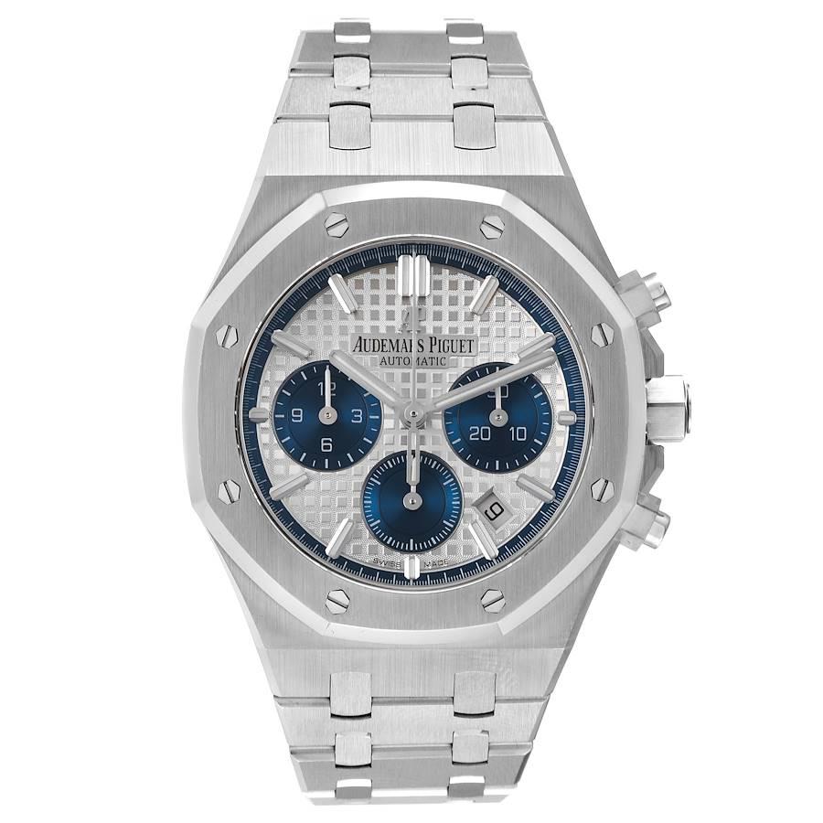 Audemars Piguet Royal Oak 38mm Chronograph Mens Watch 26315ST Box Card. Automatic self-winding chronograph movement. Stainless octagonal case 38 mm in diameter. Case thickness: 11. mm. Solid case back. Stainless steel bezel punctuated with 8