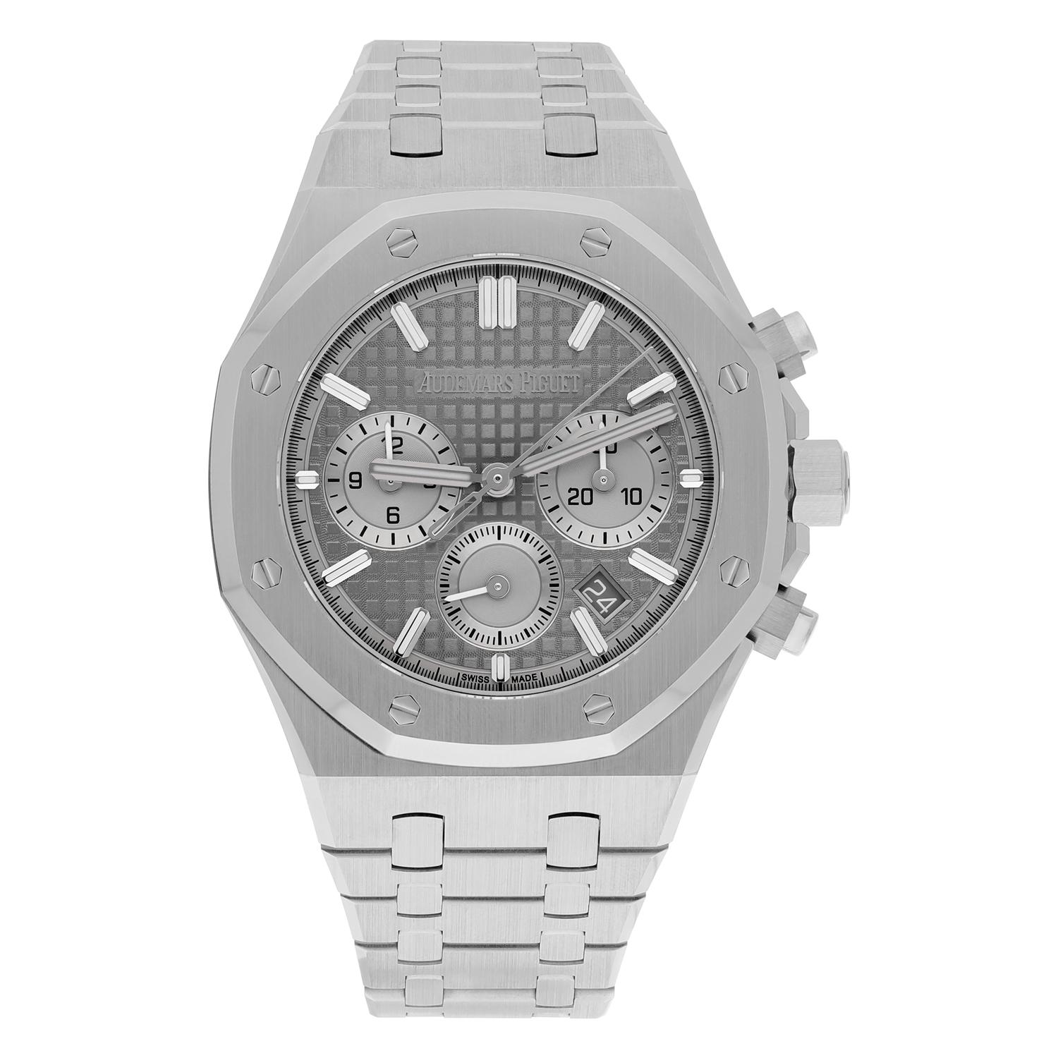Audemars Piguet Royal Oak SELFWINDING CHRONOGRAPH 26715ST.OO.1356ST.02. 38 mm, Grey dial with “Grande Tapisserie” pattern, silver-toned counters, white gold applied hour-markers and Royal Oak hands with luminescent coating, Stainless steel case,