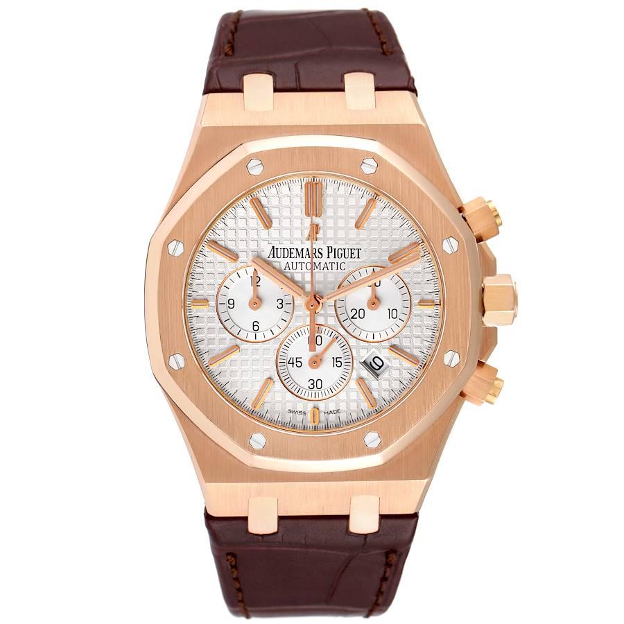 Audemars Piguet Royal Oak 41mm 18k Rose Gold Mens Watch 26320OR Box Papers. Automatic self-winding chronograph movement. 18k rose gold octagonal case 41 mm in diameter. Case thickness: 11. mm. Solid case back. 18k rose gold bezel punctuated with 8