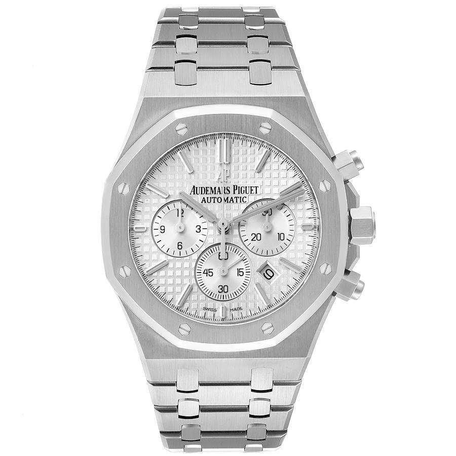 Audemars Piguet Royal Oak 41mm Chronograph Mens Watch 26320ST Box Papers. Automatic self-winding chronograph movement. Stainless octagonal case 41 mm in diameter. Case thickness: 11. mm. Solid case back. Stainless steel bezel punctuated with 8