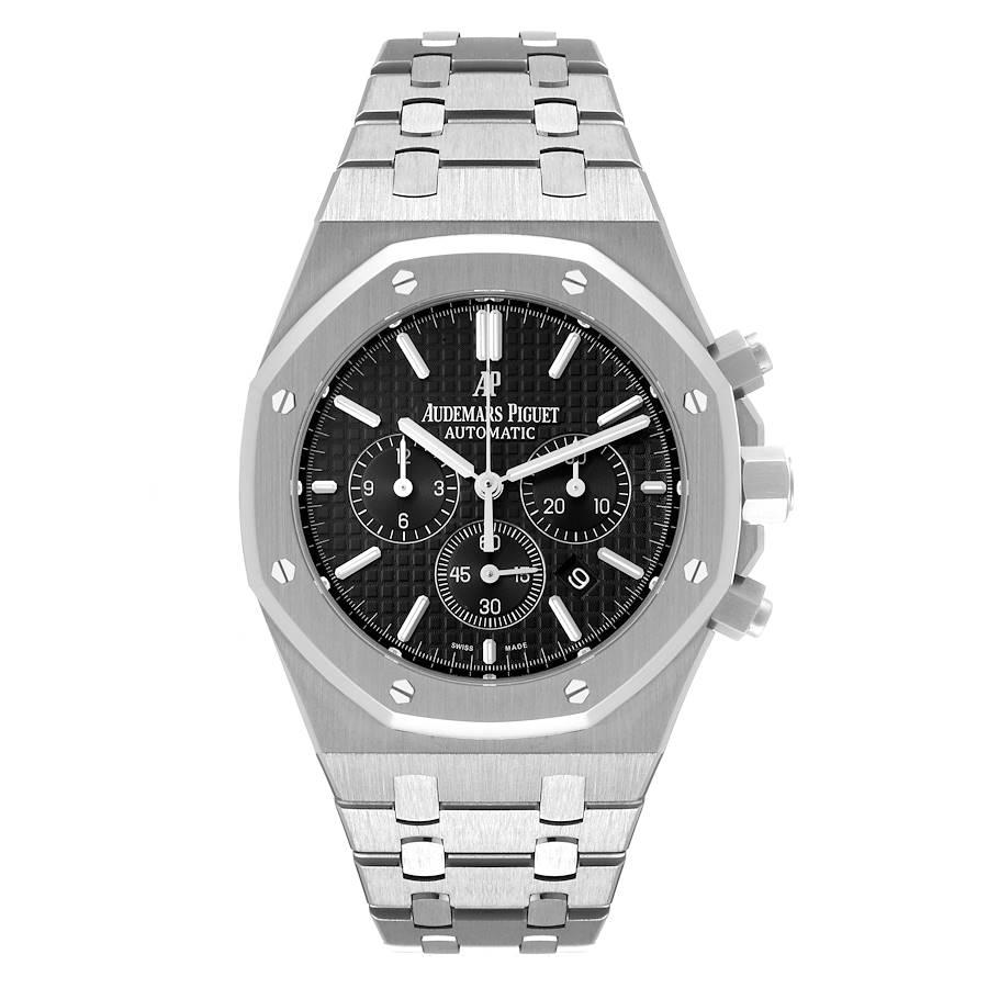 Audemars Piguet Royal Oak 41mm Chronograph Mens Watch 26320ST Box Papers. Automatic self-winding chronograph movement. Stainless octagonal case 41 mm in diameter. Case thickness: 11. mm. Solid case back. Stainless steel bezel punctuated with 8